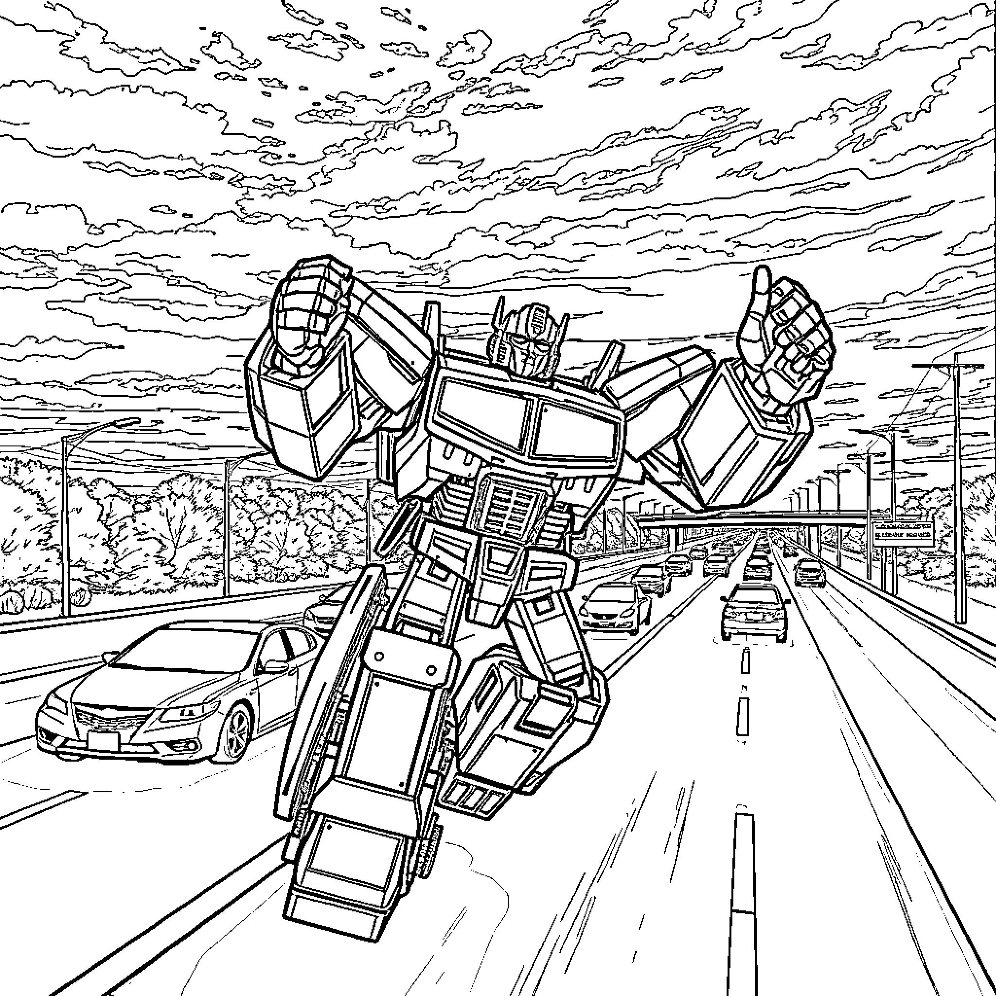 Mirage of Transforming Robot in City Skyline Coloring Page (free black-and-white line drawing printable PDF for all, from beginners to advanced learners, including children, teens, adults, and seniors)
