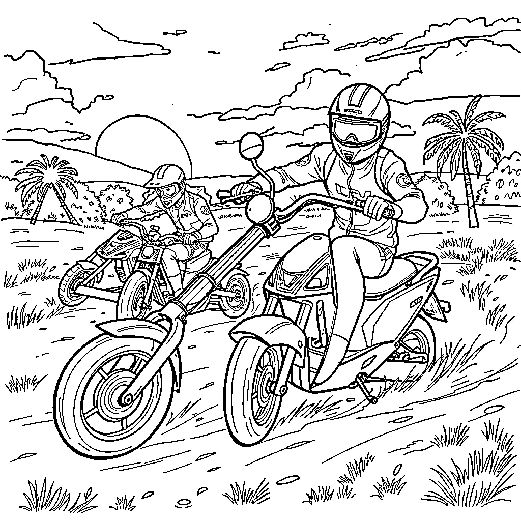 Electric Scooters Riding in the Countryside Coloring Page (free black-and-white line drawing printable PDF for all, from beginners to advanced learners, including children, teens, adults, and seniors)