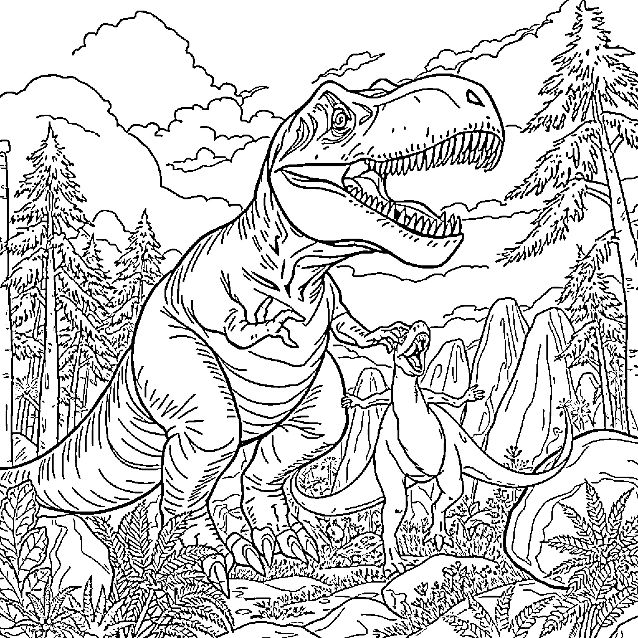 T-Rex Roaming Prehistoric Landscape Coloring Page (free black-and-white line drawing printable PDF for all, from beginners to advanced learners, including children, teens, adults, and seniors)