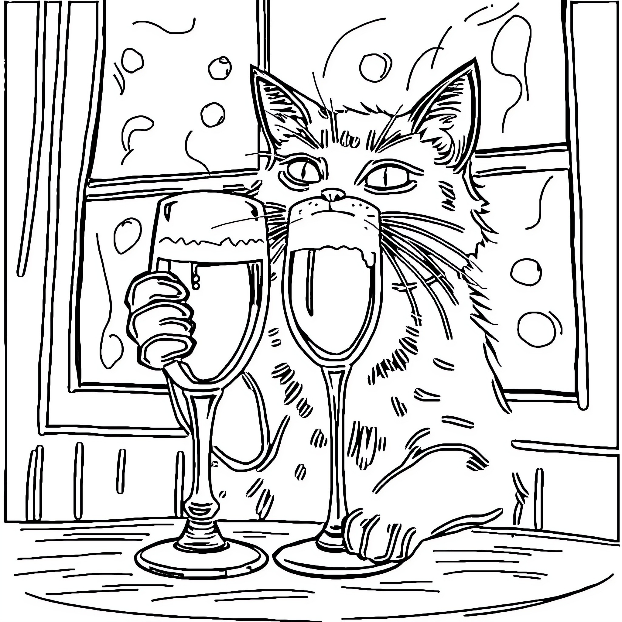 Cat enjoying a glass of wine Coloring Page (free black-and-white line drawing printable PDF for all, from beginners to advanced learners, including children, teens, adults, and seniors)