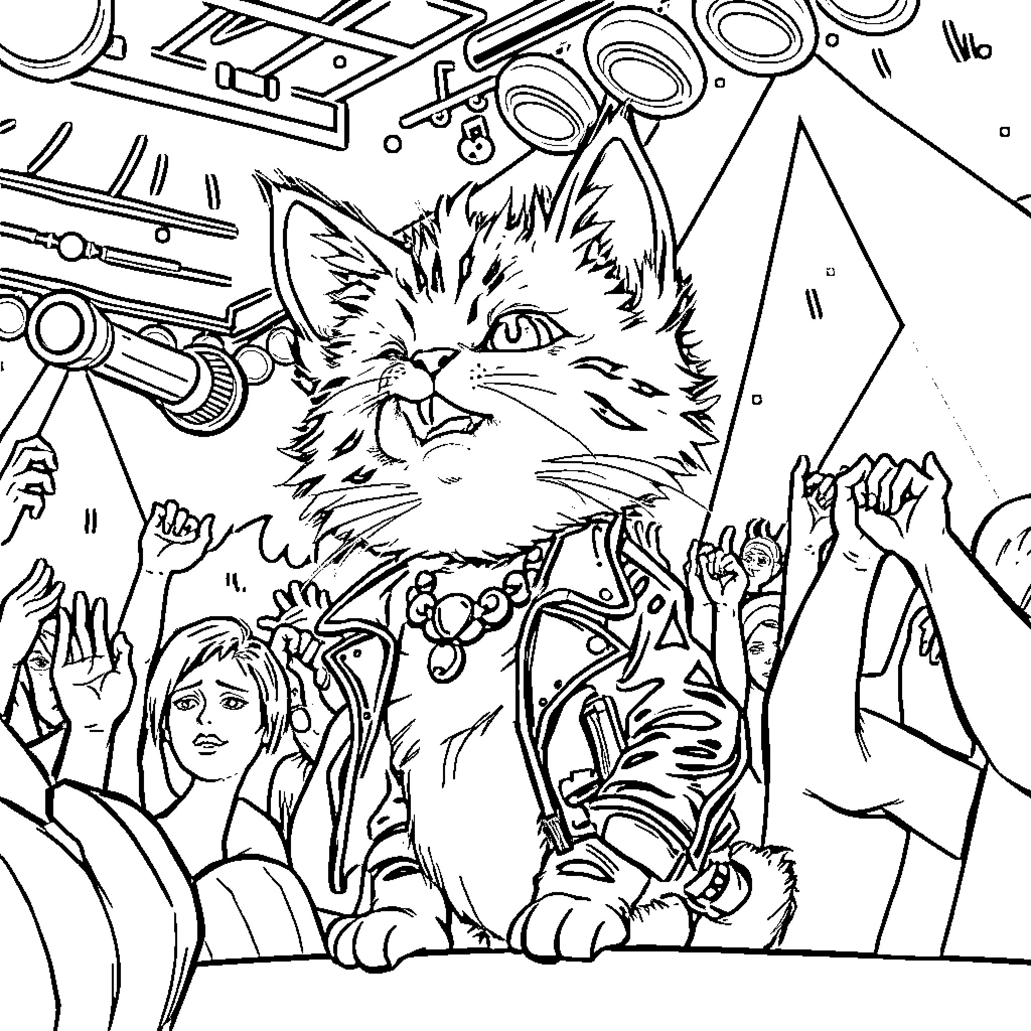 Kitty Enjoying the Lively Crowd Coloring Page (free black-and-white line drawing printable PDF for all, from beginners to advanced learners, including children, teens, adults, and seniors)