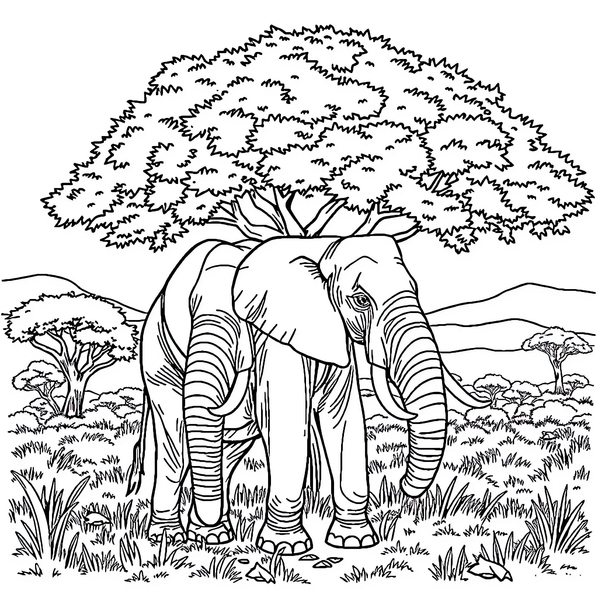 Elephant herd exploring the lush, natural landscape Coloring Page (free black-and-white line drawing printable PDF for all, from beginners to advanced learners, including children, teens, adults, and seniors)
