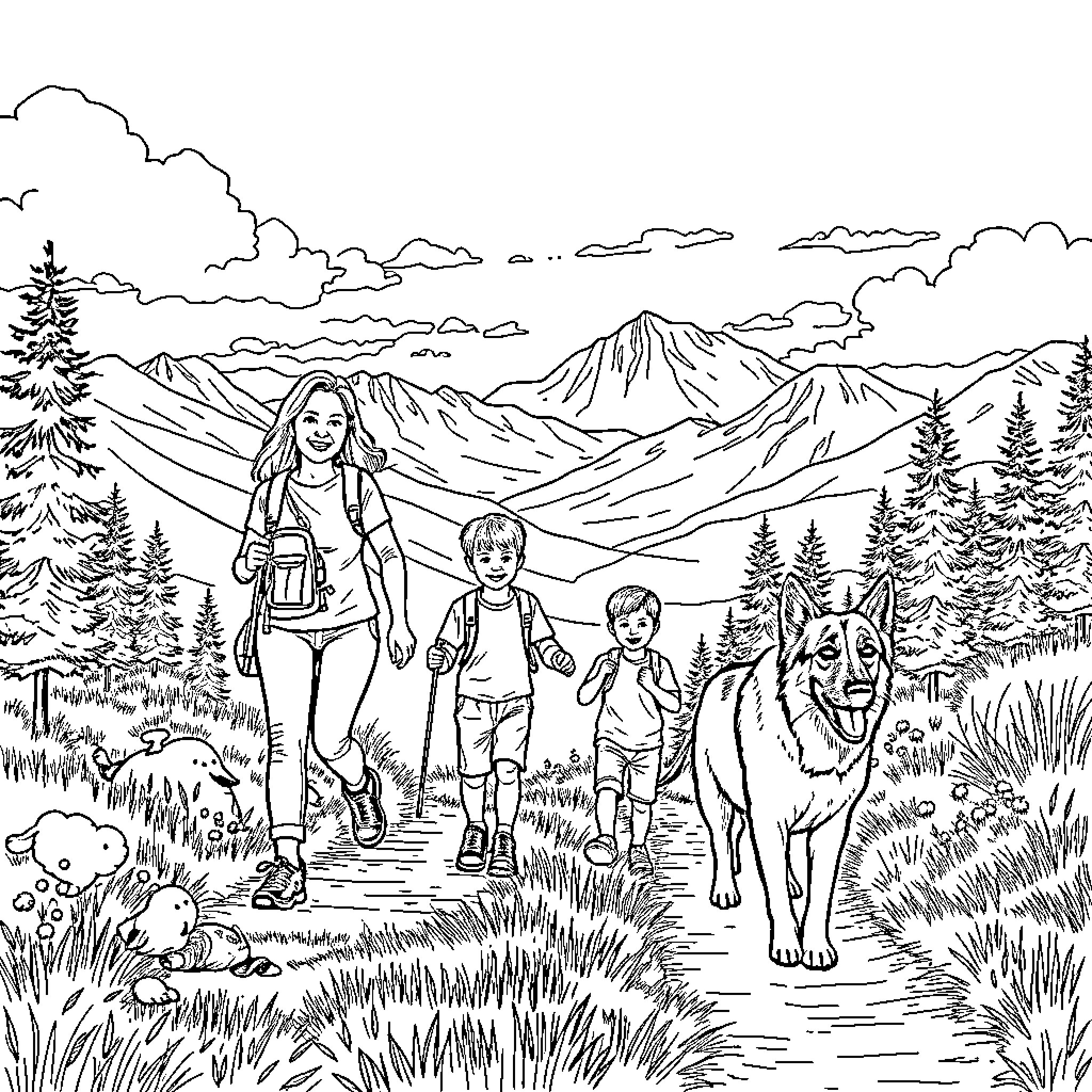 Family Hike Through Scenic Mountain Landscape Coloring Page (free black-and-white line drawing printable PDF for all, from beginners to advanced learners, including children, teens, adults, and seniors)