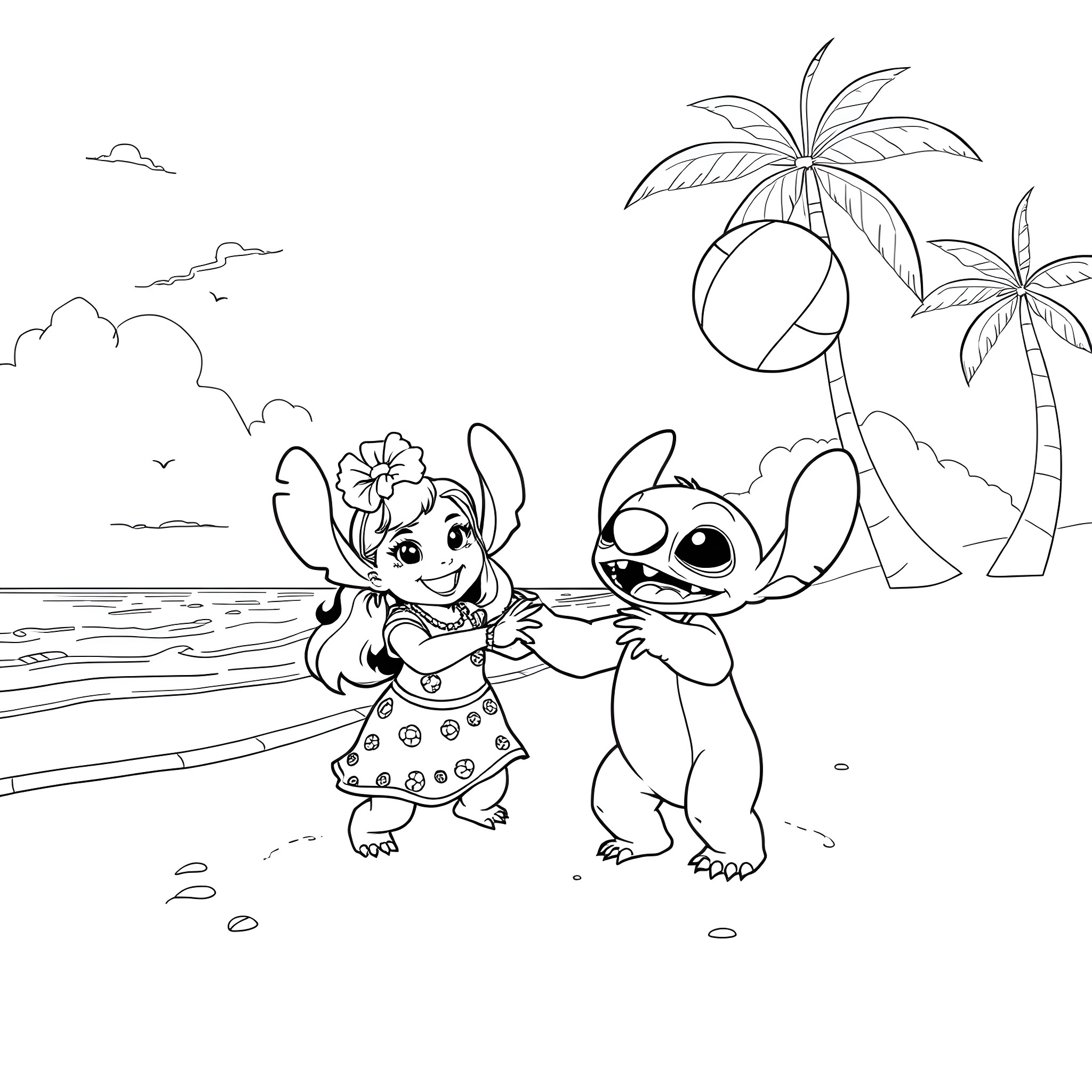 Lilo And Stitch Playing at the Beach Coloring Page (free black-and-white line drawing printable PDF for all, from beginners to advanced learners, including children, teens, adults, and seniors)
