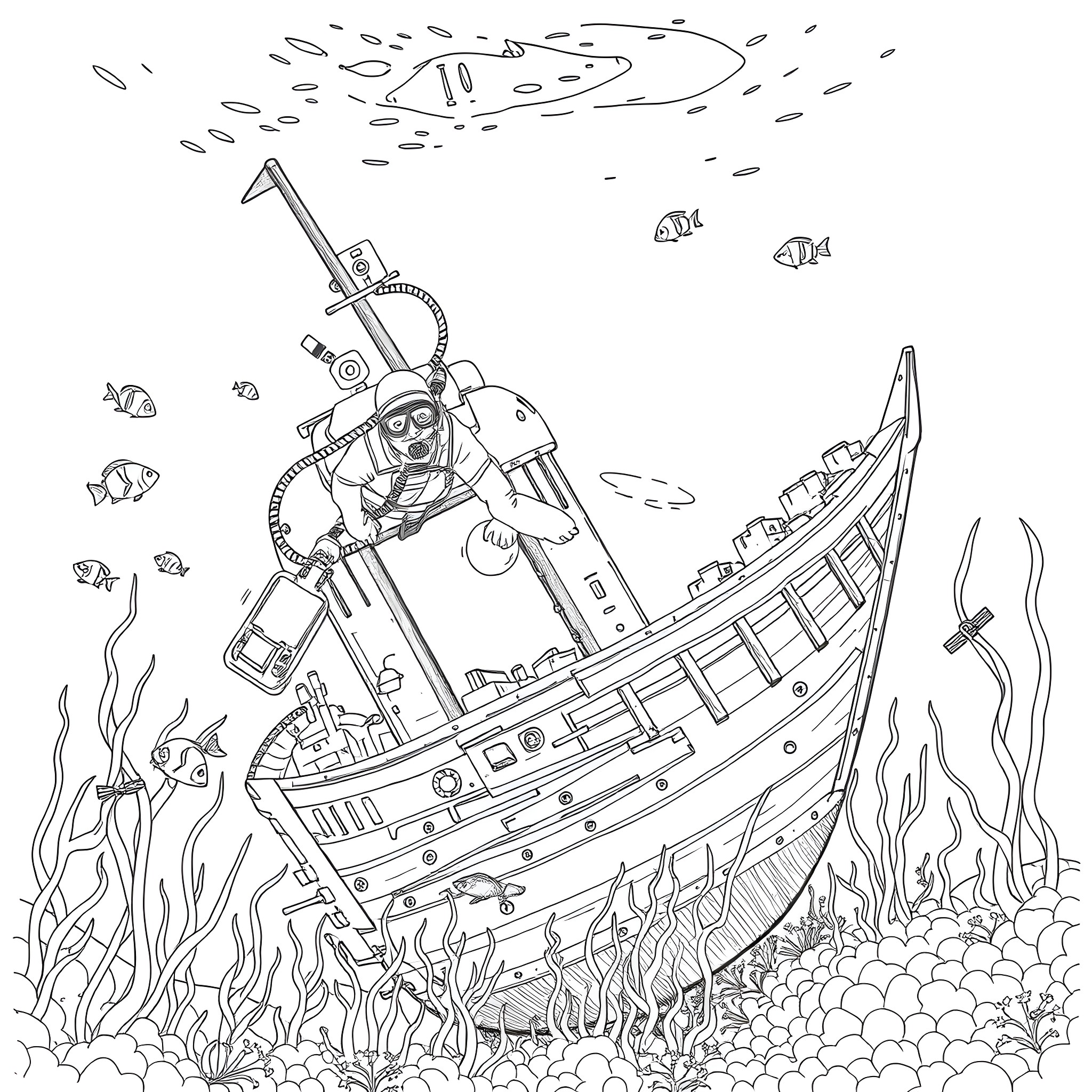 Scuba Diver exploring shipwreck underwater Coloring Page (free black-and-white line drawing printable PDF for all, from beginners to advanced learners, including children, teens, adults, and seniors)