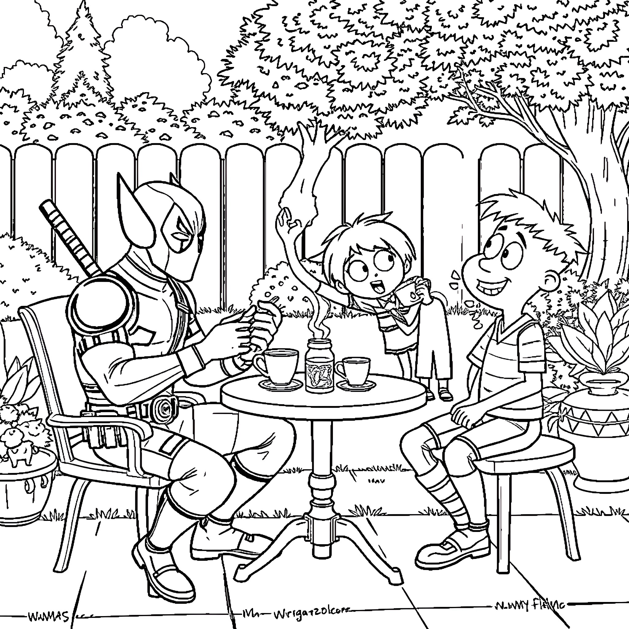 Deadpool's Outdoor Tea Party with Friends Coloring Page (free black-and-white line drawing printable PDF for all, from beginners to advanced learners, including children, teens, adults, and seniors)