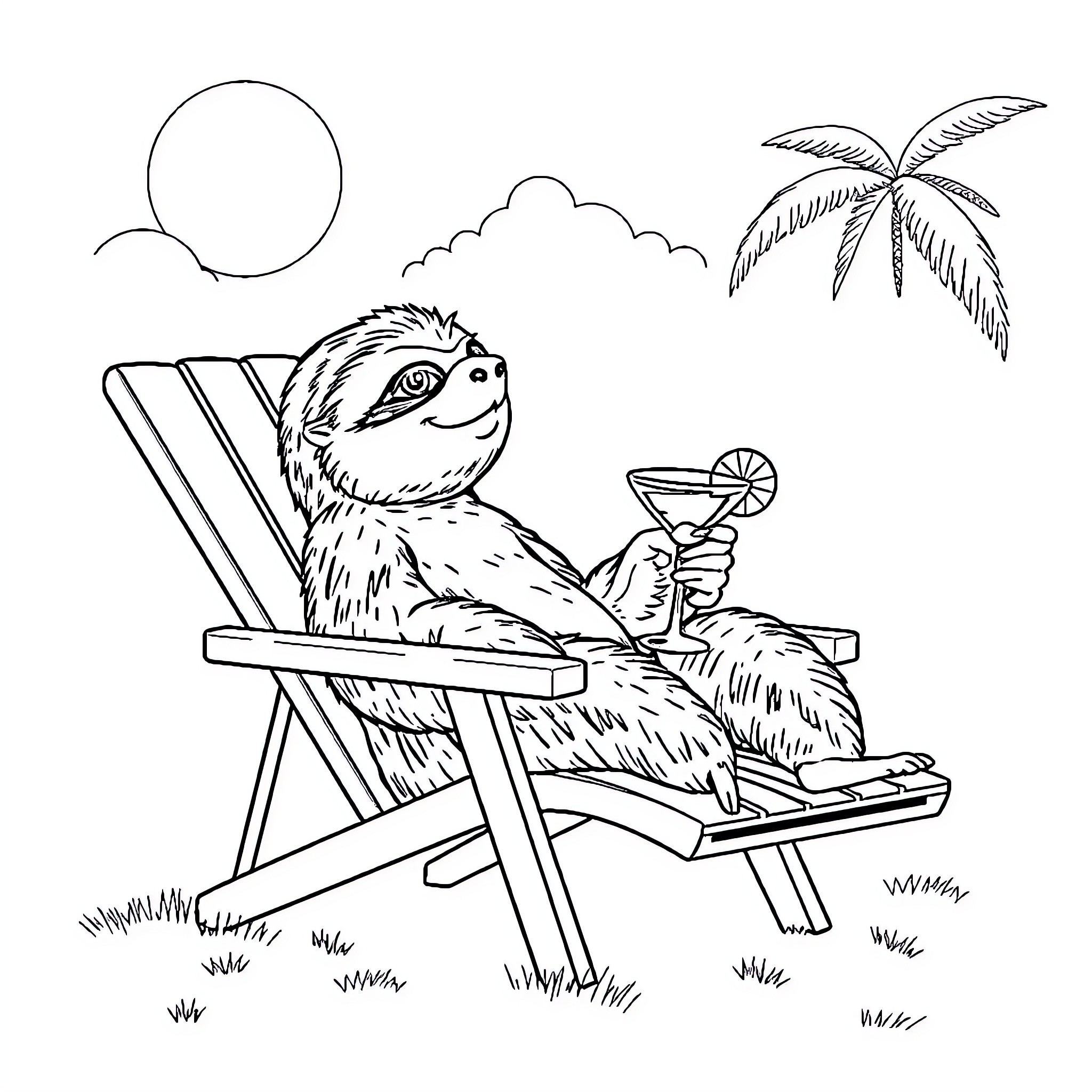 Sloth relaxing on a beach chair with a cocktail Coloring Page (free black-and-white line drawing printable PDF for all, from beginners to advanced learners, including children, teens, adults, and seniors)