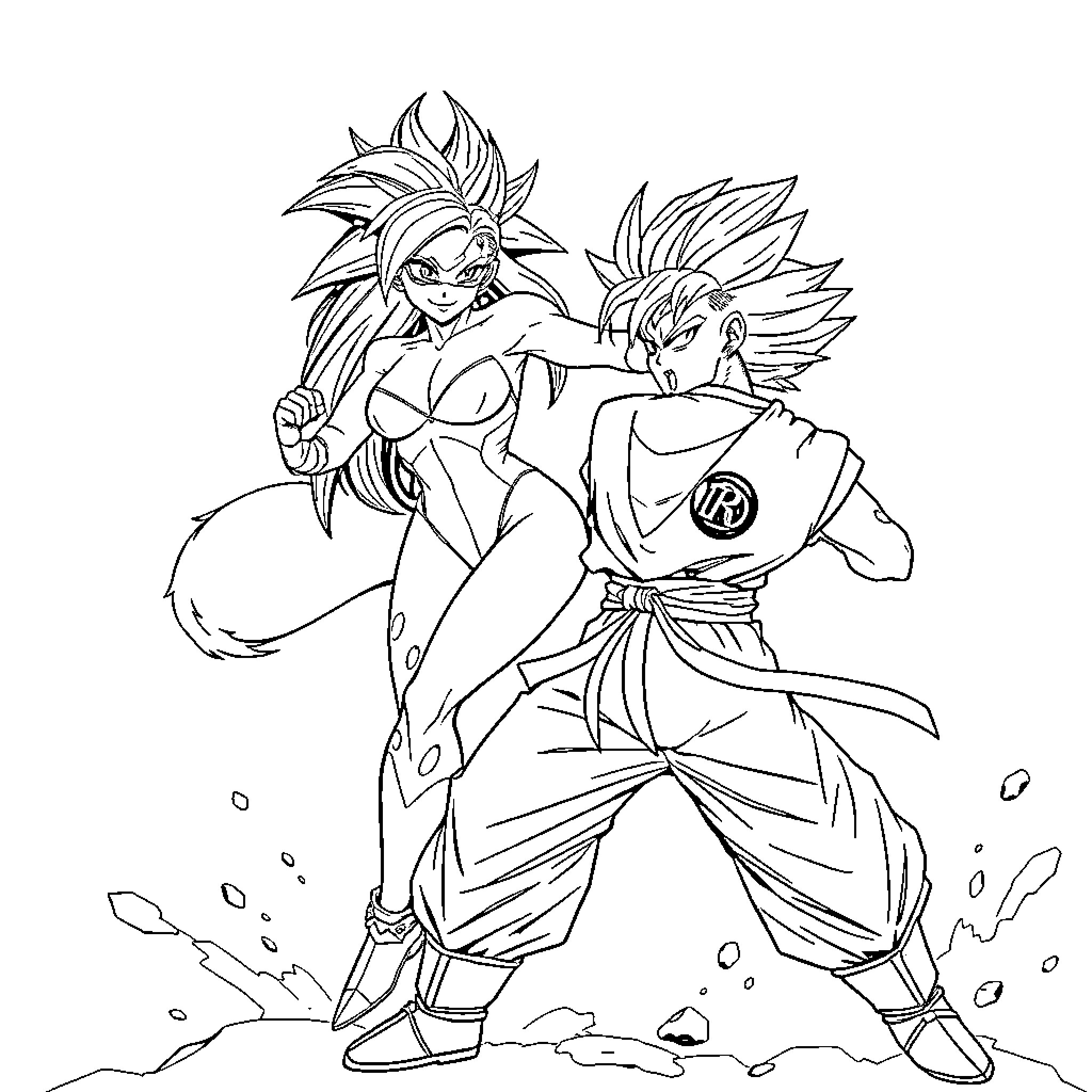 Pantera Rosa: Dynamic Anime Characters in Heroic Poses Coloring Page (free black-and-white line drawing printable PDF for all, from beginners to advanced learners, including children, teens, adults, and seniors)