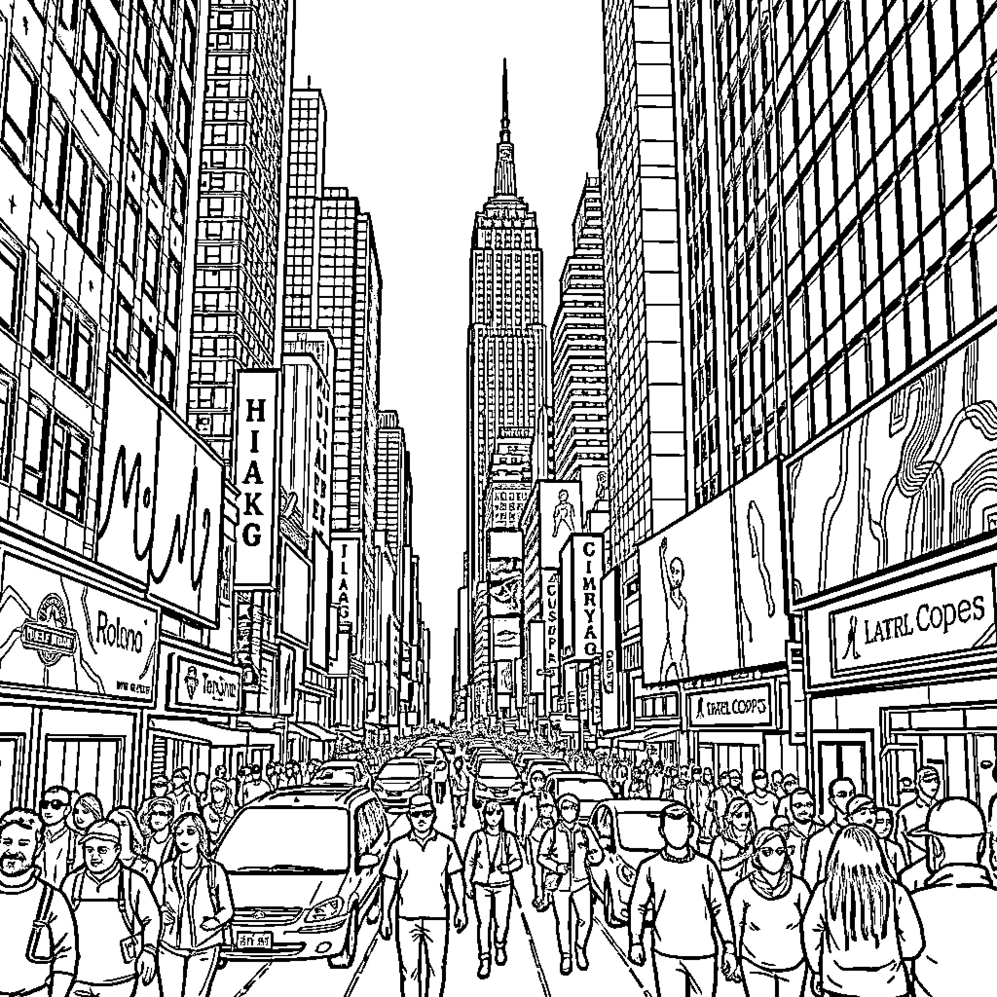 New York City street scene with bustling crowds and skyscrapers Coloring Page (free black-and-white line drawing printable PDF for all, from beginners to advanced learners, including children, teens, adults, and seniors)