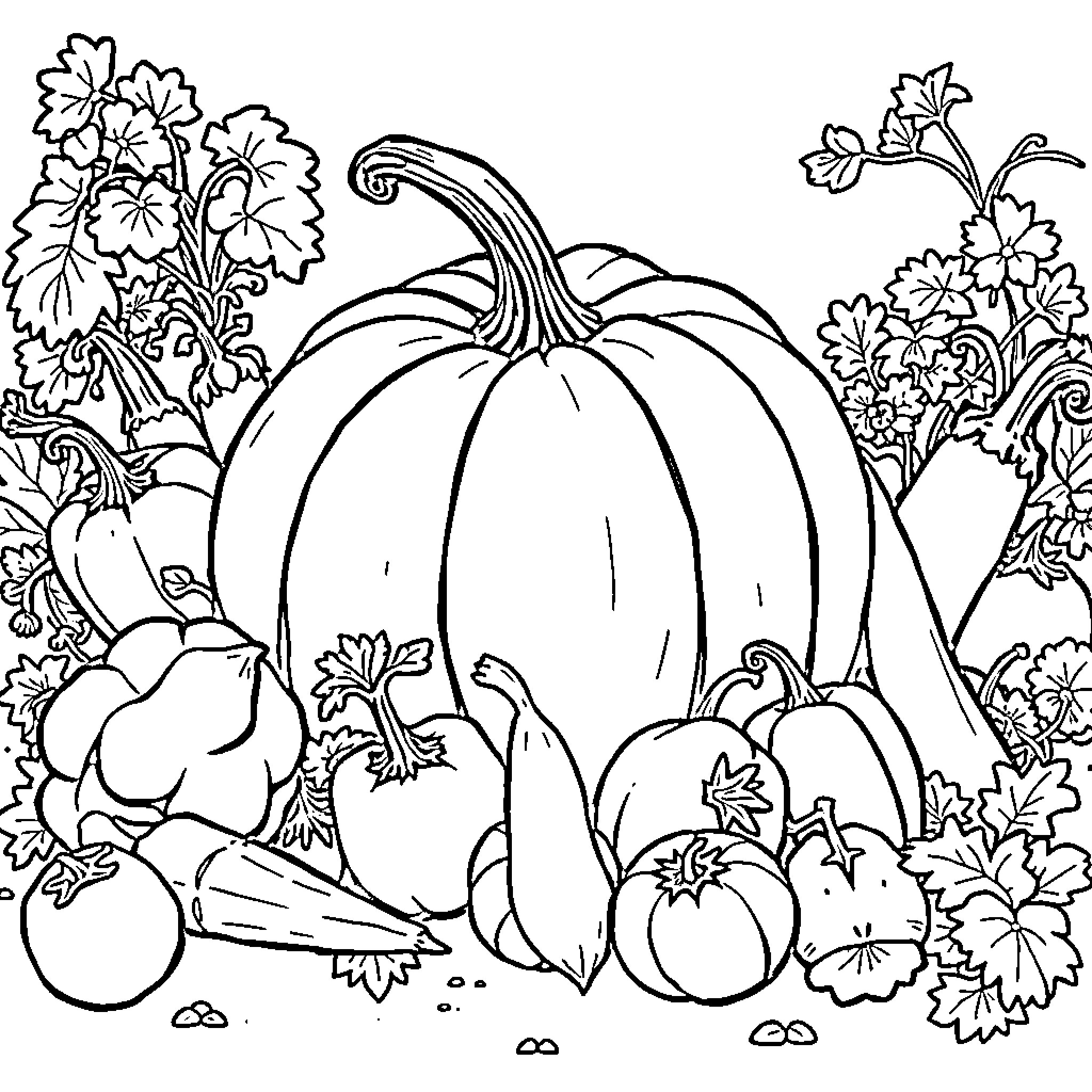 Vegetable Garden with Pumpkins and Flowers Coloring Page (free black-and-white line drawing printable PDF for all, from beginners to advanced learners, including children, teens, adults, and seniors)