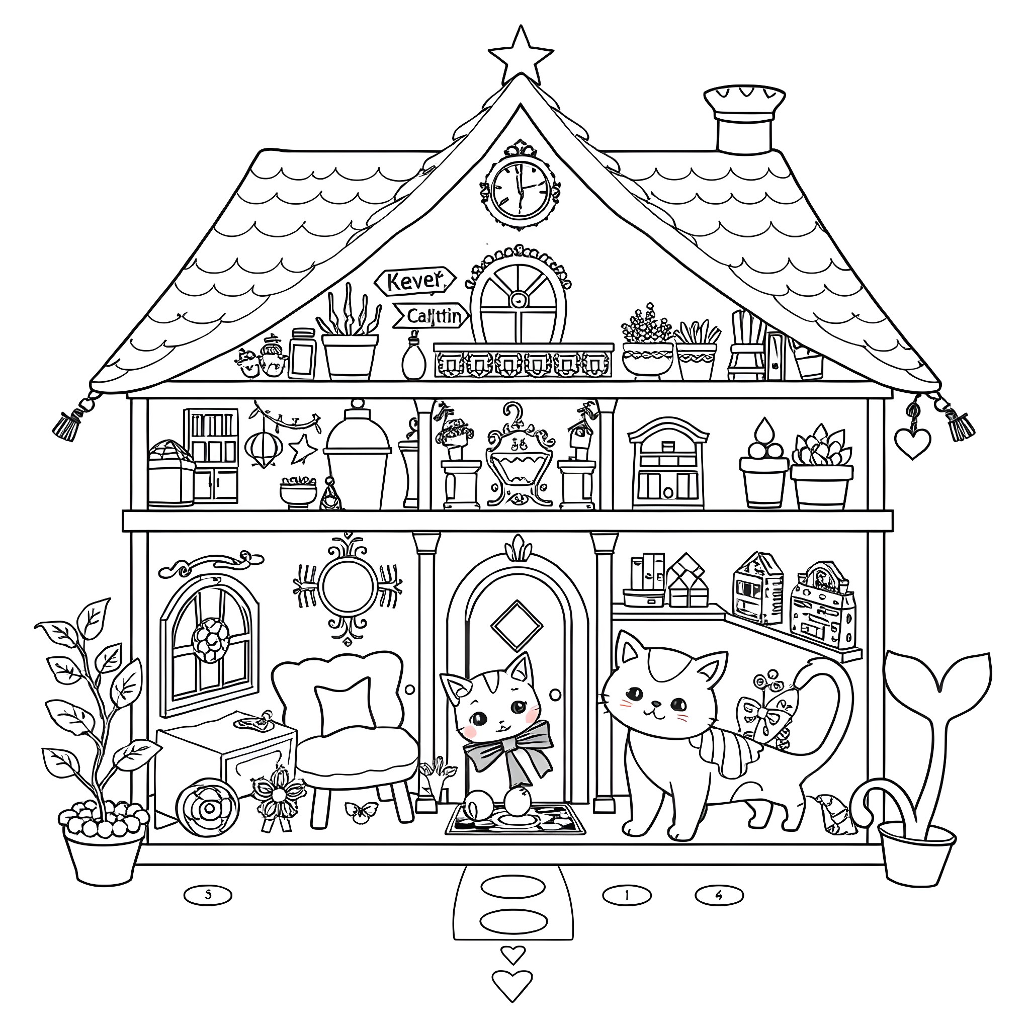 Gabby's Dollhouse - Whimsical Playtime at Home Coloring Page (free black-and-white line drawing printable PDF for all, from beginners to advanced learners, including children, teens, adults, and seniors)