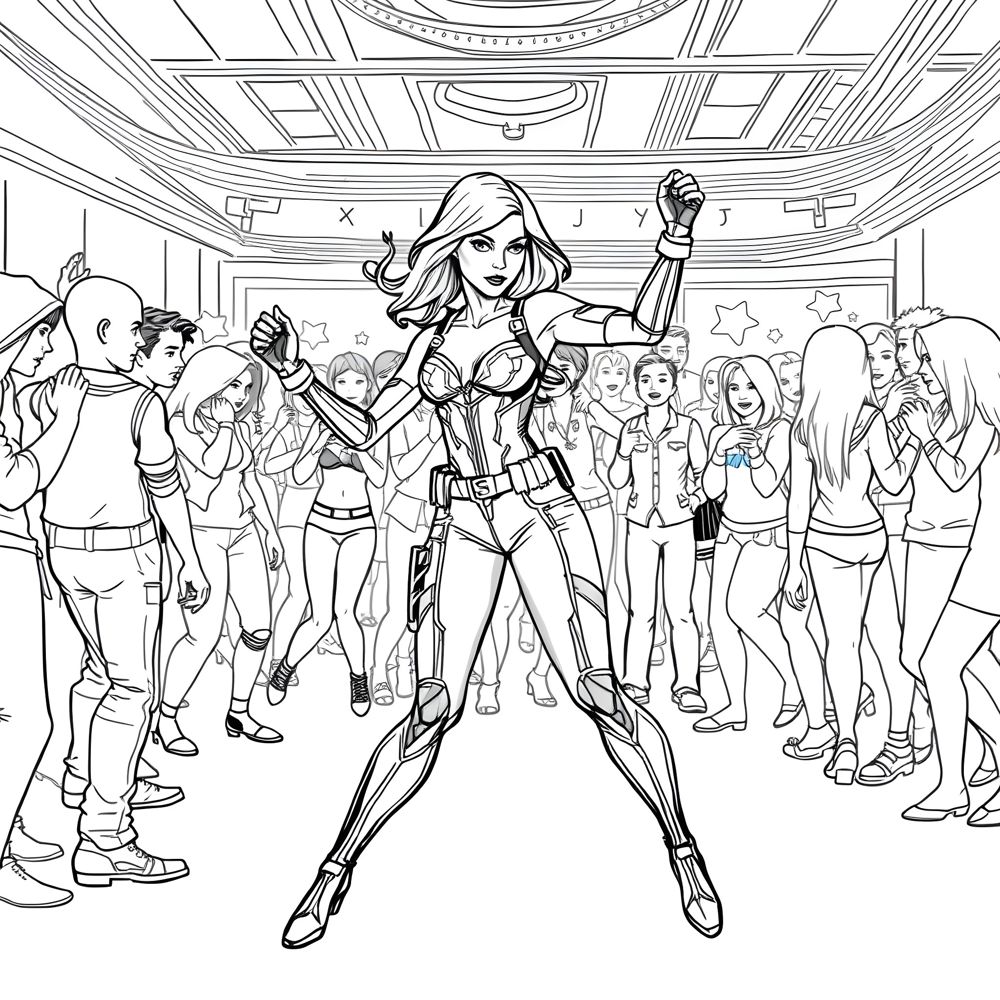 Black Widow in action with her superhero team Coloring Page (free black-and-white line drawing printable PDF for all, from beginners to advanced learners, including children, teens, adults, and seniors)