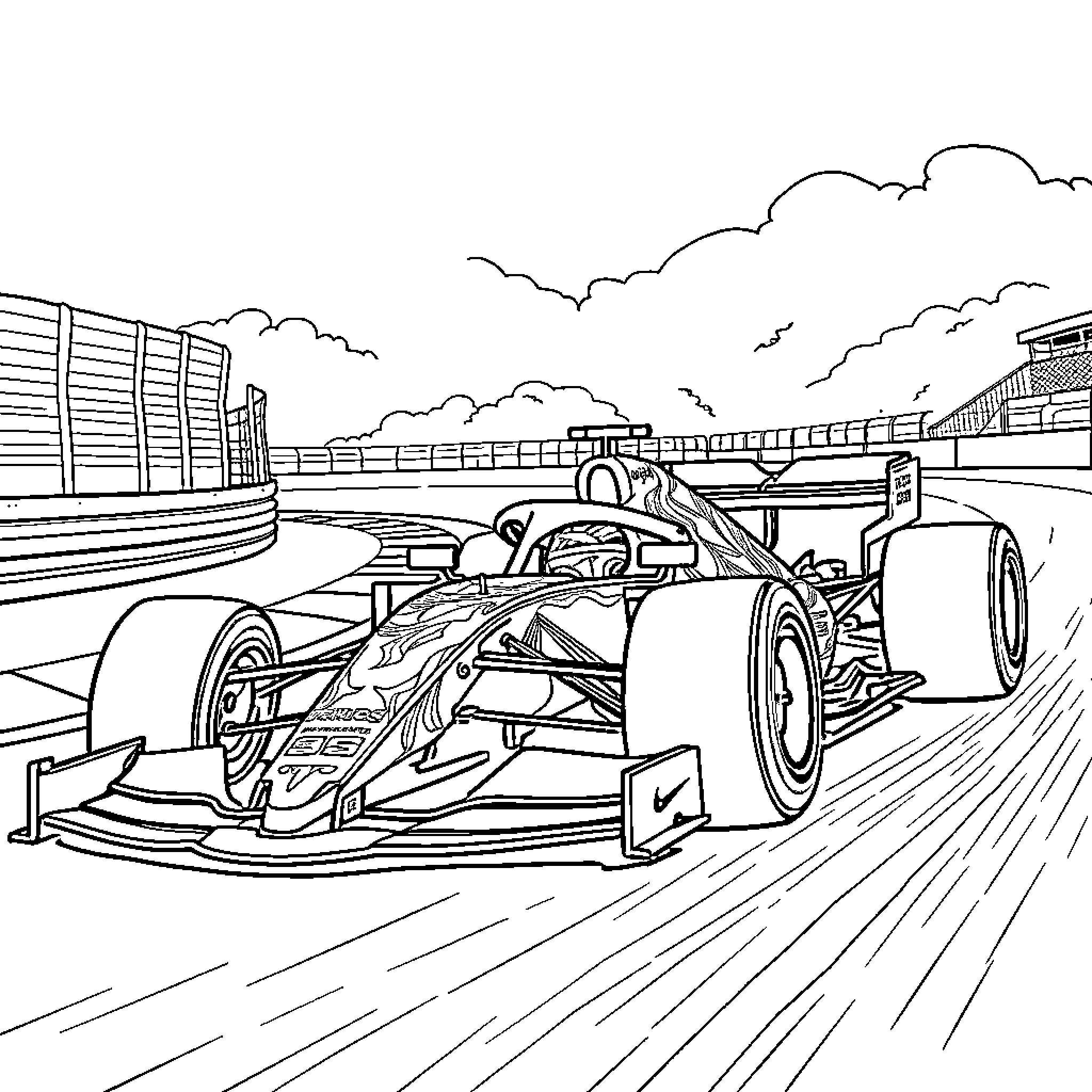 F1 Car speeding on the racing track Coloring Page (free black-and-white line drawing printable PDF for all, from beginners to advanced learners, including children, teens, adults, and seniors)