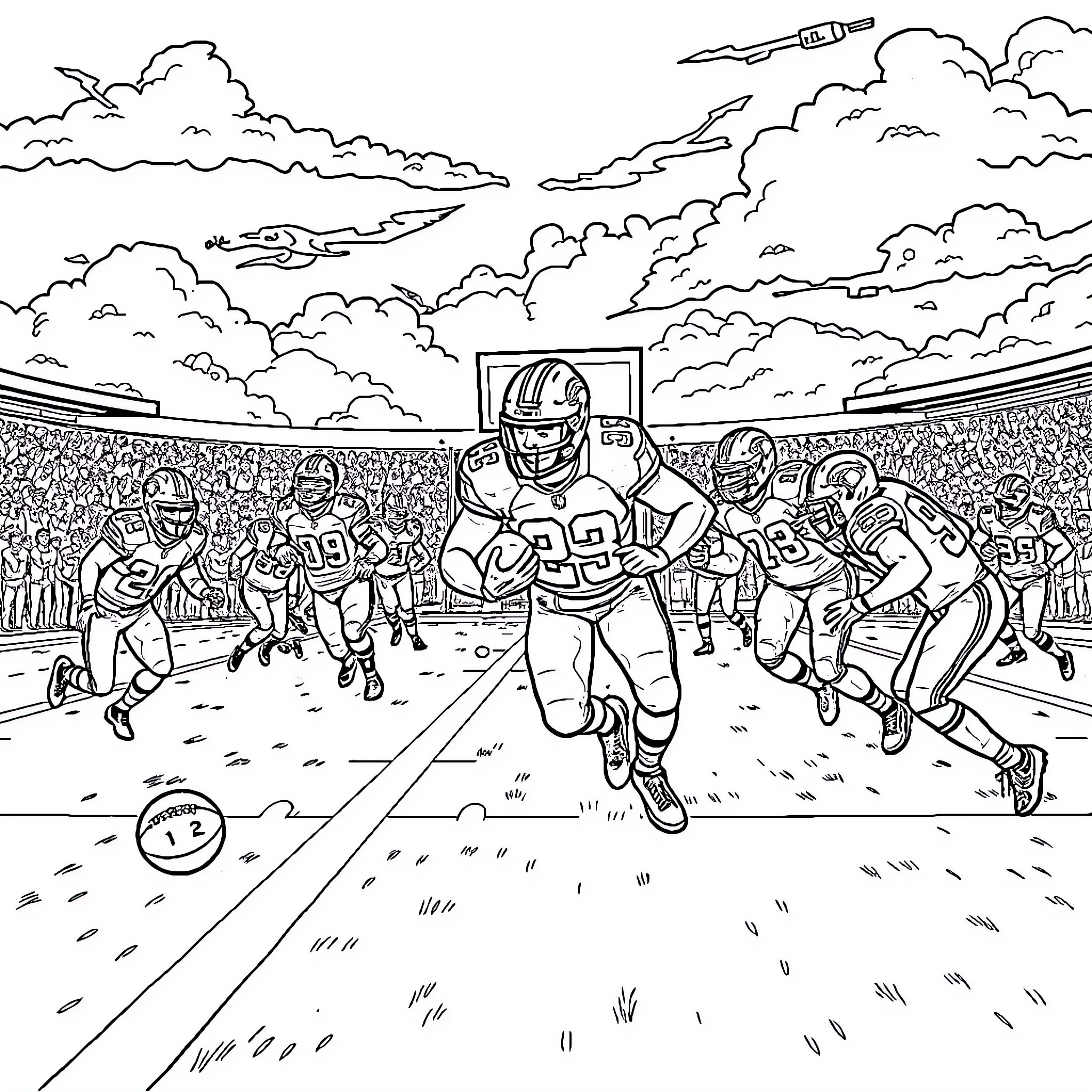 Lion players competing in a football game Coloring Page (free black-and-white line drawing printable PDF for all, from beginners to advanced learners, including children, teens, adults, and seniors)