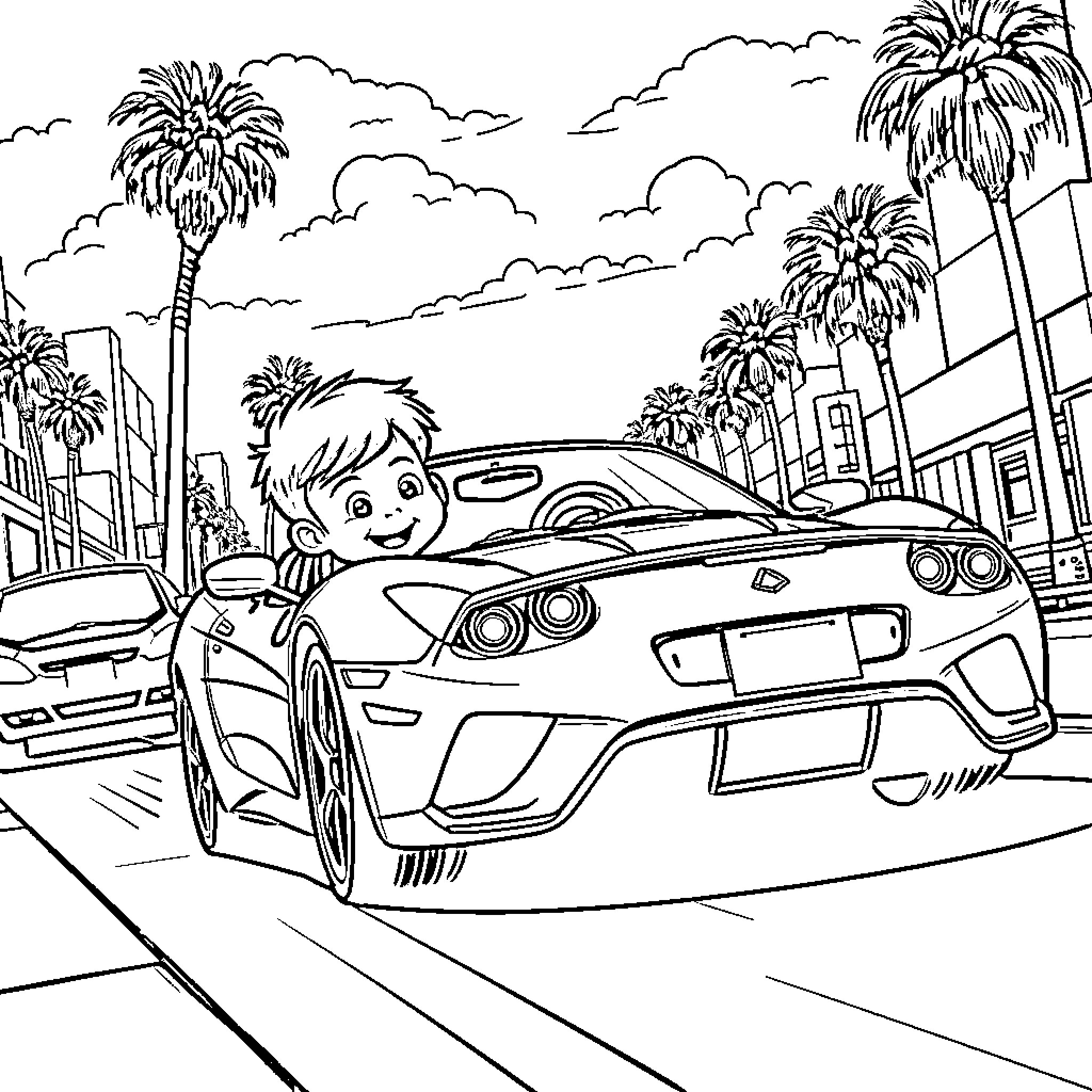 Boy driving fancy sports car on palm tree-lined street Coloring Page (free black-and-white line drawing printable PDF for all, from beginners to advanced learners, including children, teens, adults, and seniors)