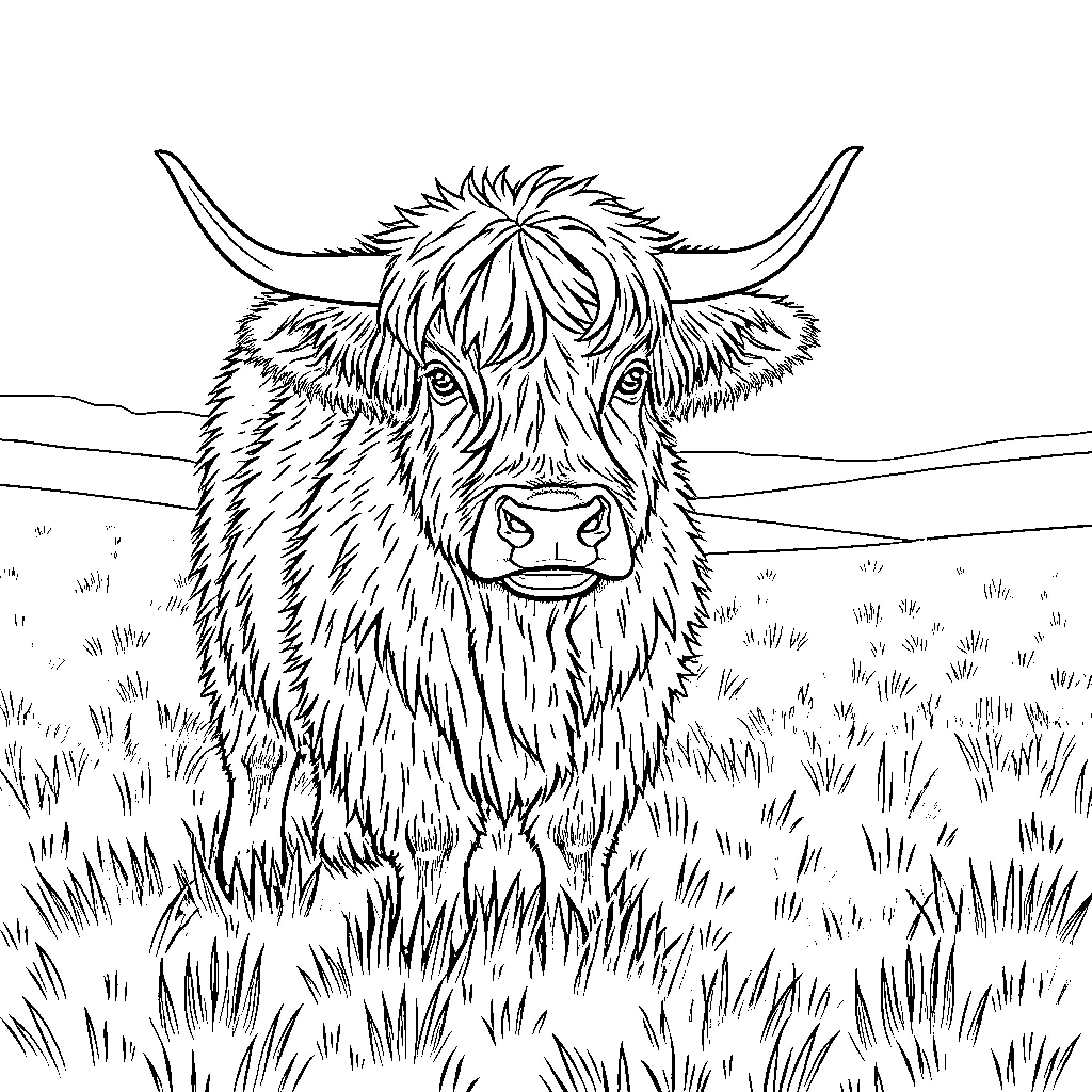 Highland Cow standing in a grassy field Coloring Page (free black-and-white line drawing printable PDF for all, from beginners to advanced learners, including children, teens, adults, and seniors)