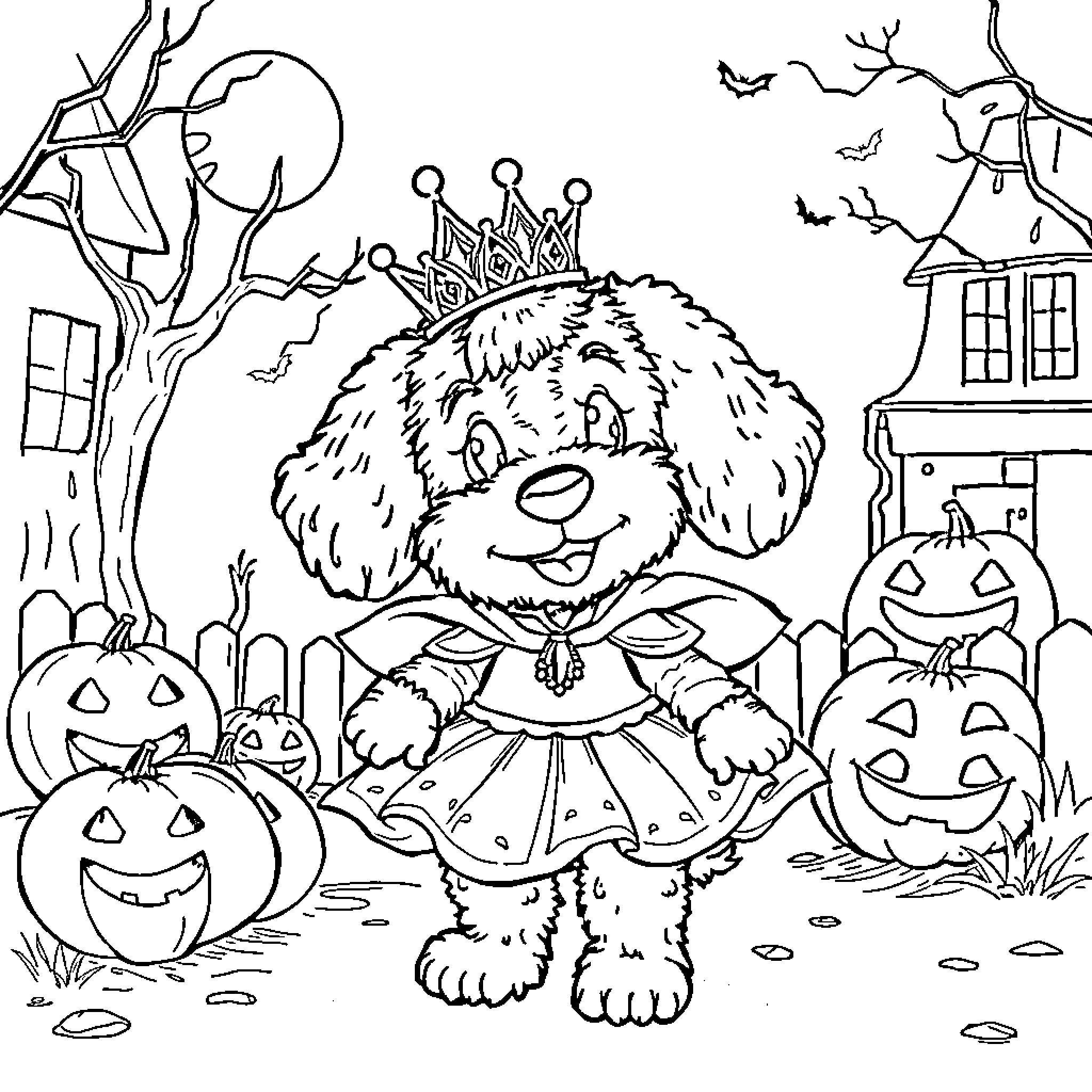 Snuffy the Pup's Halloween Adventure Coloring Page (free black-and-white line drawing printable PDF for all, from beginners to advanced learners, including children, teens, adults, and seniors)