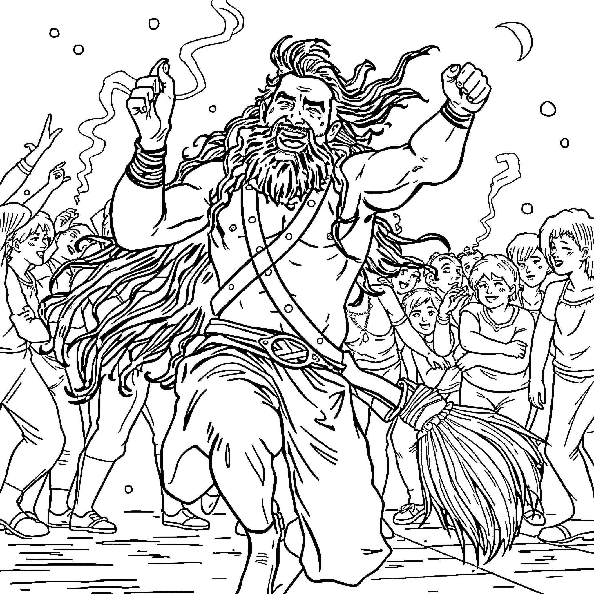 Jason Momoa leads a lively party with crowd Coloring Page (free black-and-white line drawing printable PDF for all, from beginners to advanced learners, including children, teens, adults, and seniors)