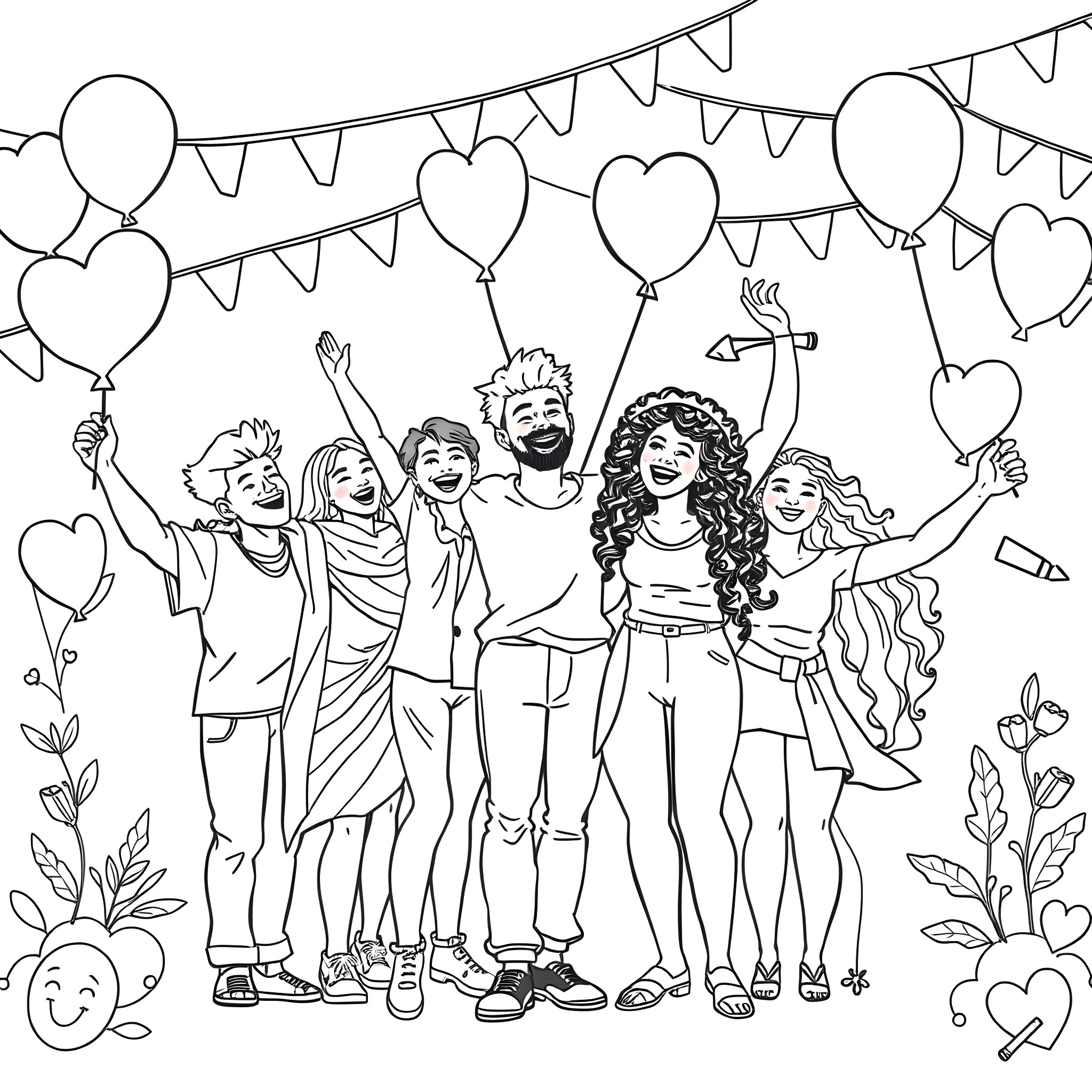 Pride Celebration with Joyful Expressions and Decorations Coloring Page (free black-and-white line drawing printable PDF for all, from beginners to advanced learners, including children, teens, adults, and seniors)