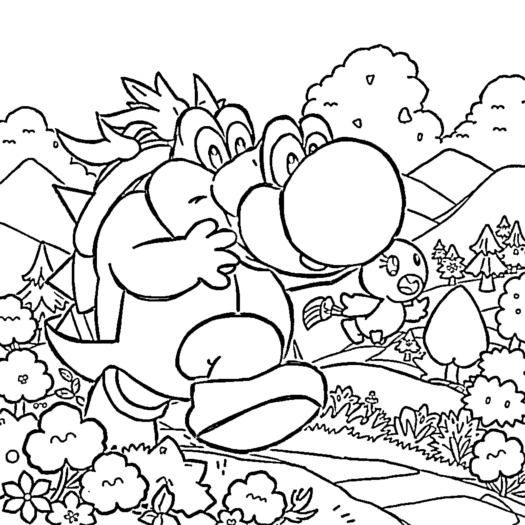 Yoshi's Adventurous Stroll Through the Outdoors Coloring Page (free black-and-white line drawing printable PDF for all, from beginners to advanced learners, including children, teens, adults, and seniors)