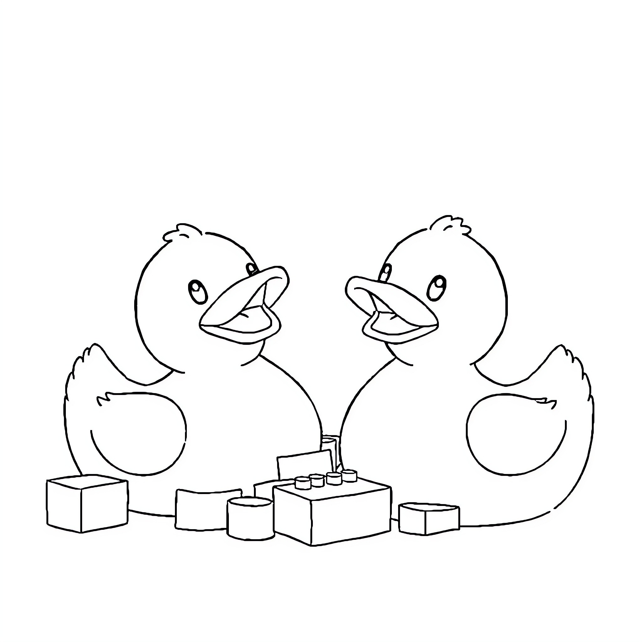 Rubber Ducks Playing with Toys Coloring Page (free black-and-white line drawing printable PDF for all, from beginners to advanced learners, including children, teens, adults, and seniors)