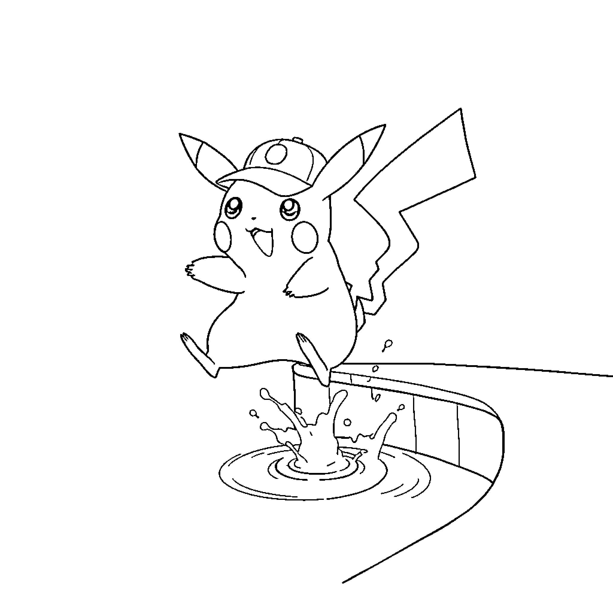 Pikachu wearing a hat and jumping into water Coloring Page (free black-and-white line drawing printable PDF for all, from beginners to advanced learners, including children, teens, adults, and seniors)