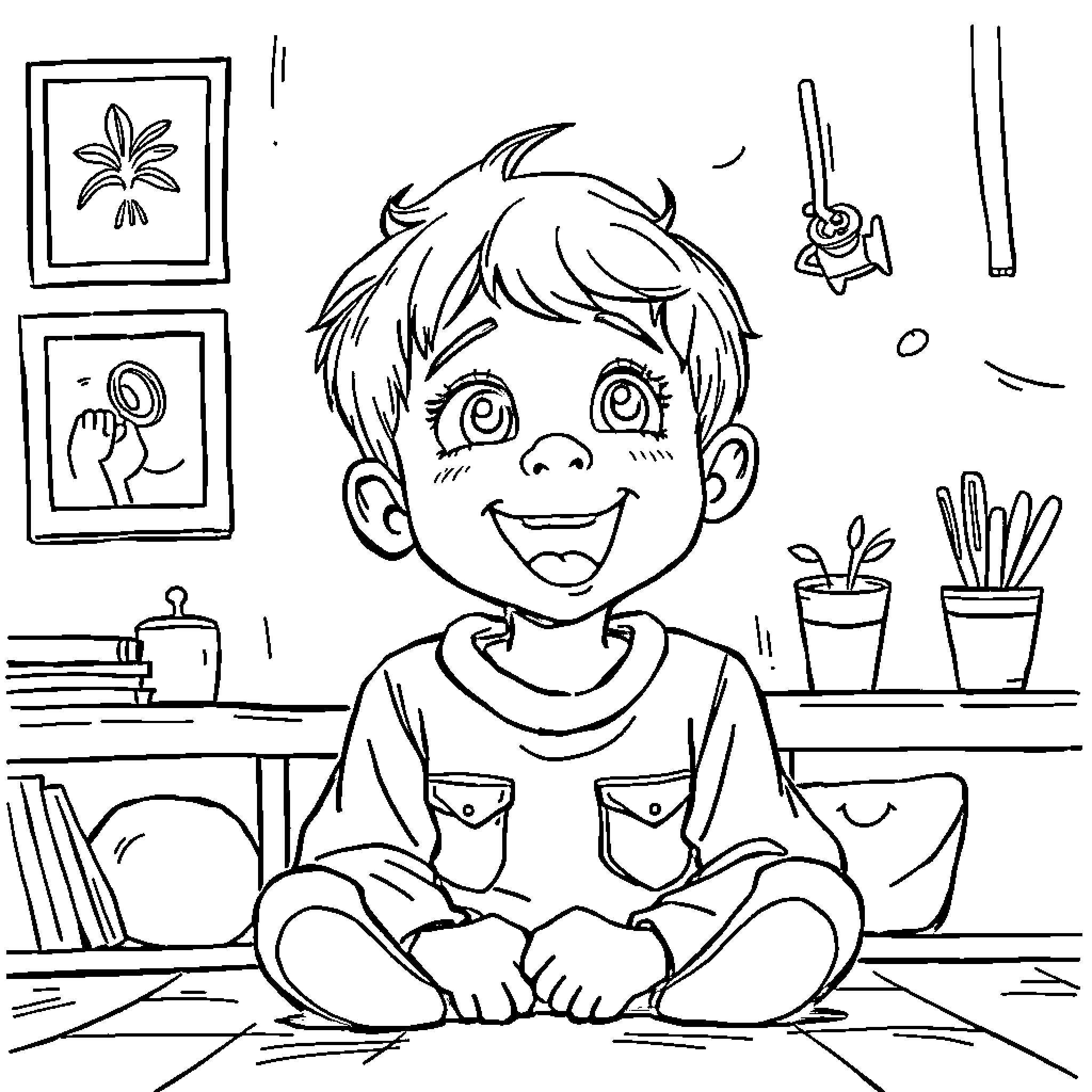 Child sitting happily in a cozy room Coloring Page (free black-and-white line drawing printable PDF for all, from beginners to advanced learners, including children, teens, adults, and seniors)