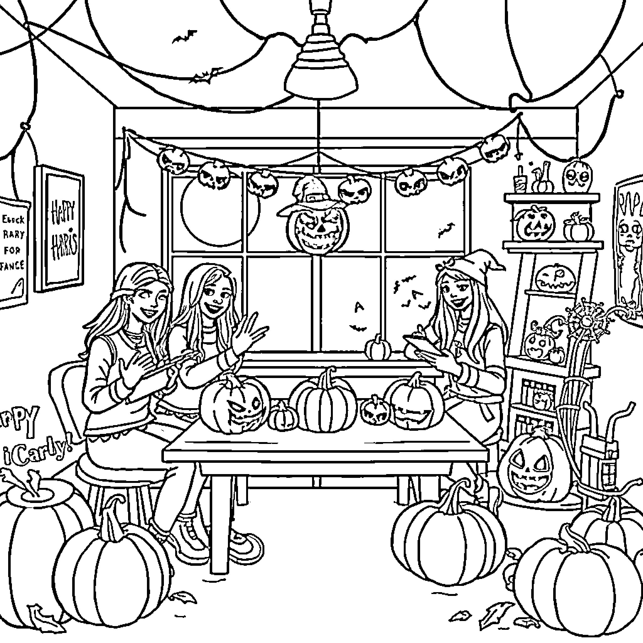 Icarly's Halloween Party and Decorations Coloring Page (free black-and-white line drawing printable PDF for all, from beginners to advanced learners, including children, teens, adults, and seniors)