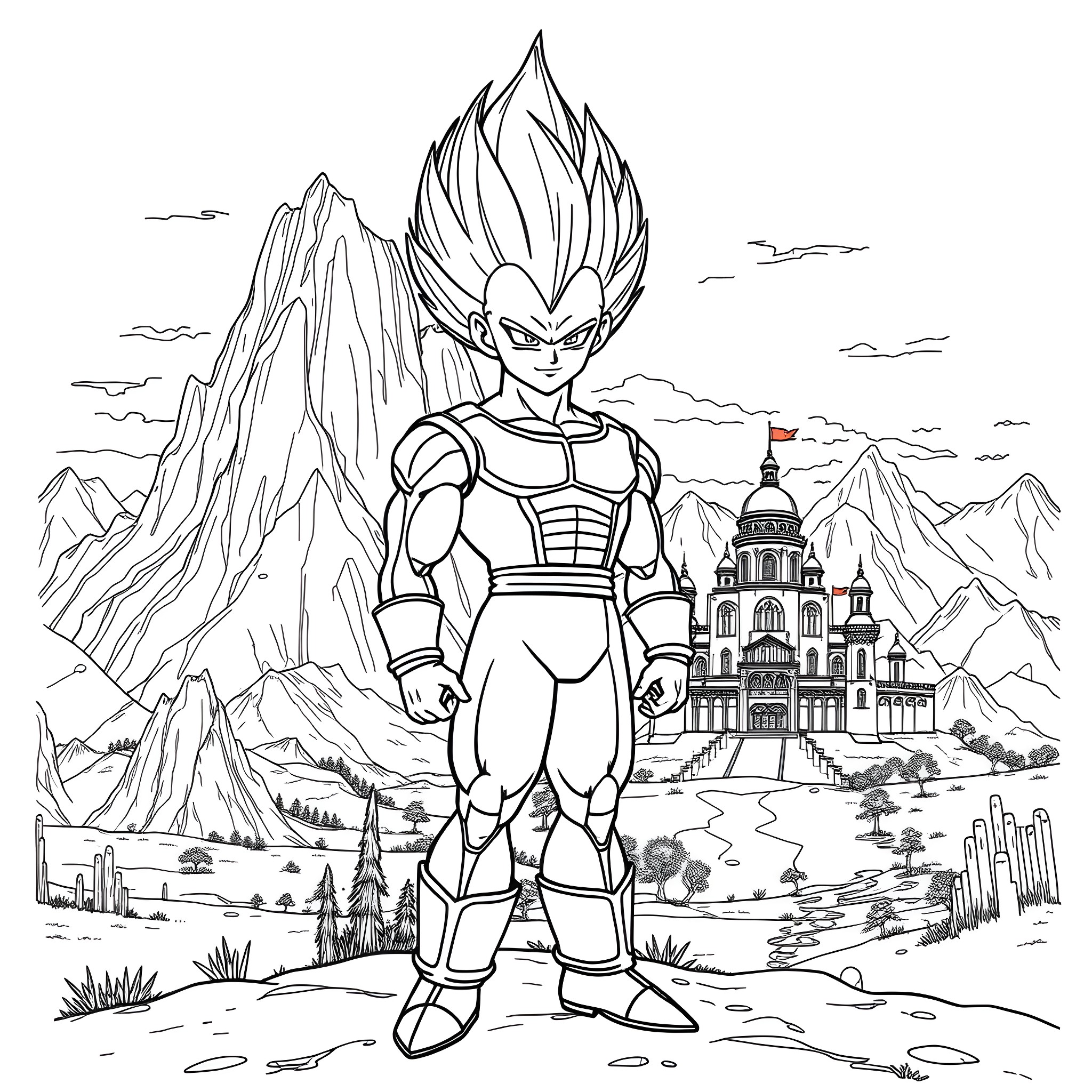 Vegeta standing tall in an epic fantasy landscape Coloring Page (free black-and-white line drawing printable PDF for all, from beginners to advanced learners, including children, teens, adults, and seniors)