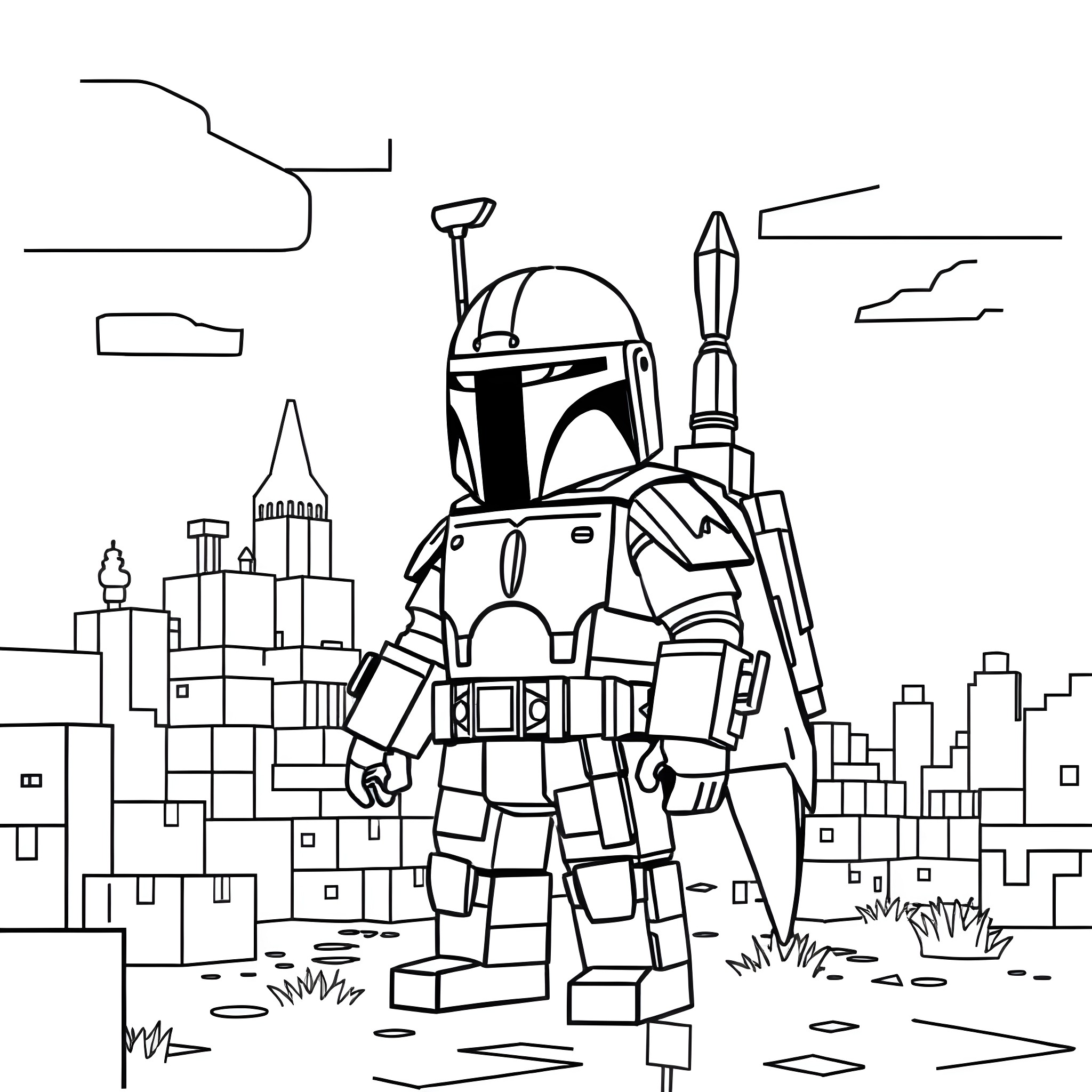 Boba Fett in an urban setting with buildings and skyline Coloring Page (free black-and-white line drawing printable PDF for all, from beginners to advanced learners, including children, teens, adults, and seniors)