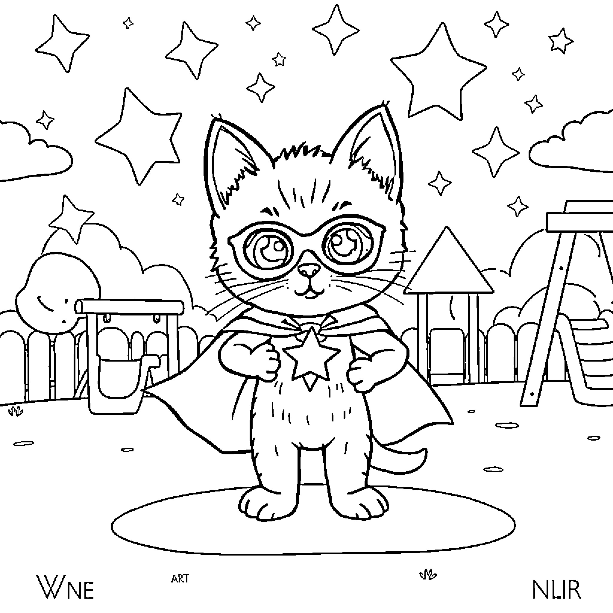 Kitten in a superhero costume with stars Coloring Page (free black-and-white line drawing printable PDF for all, from beginners to advanced learners, including children, teens, adults, and seniors)