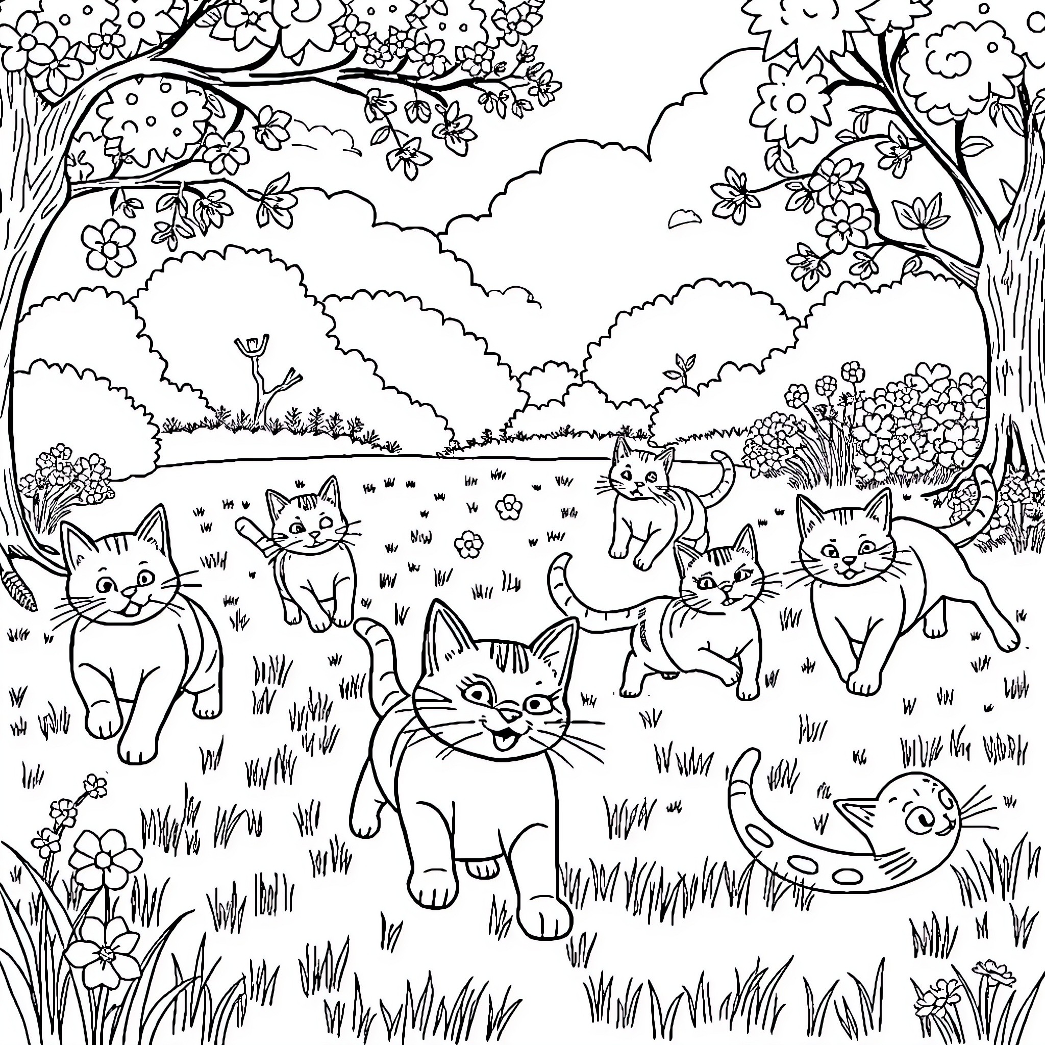 Cat Playful Felines in Idyllic Forest Scene Coloring Page (free black-and-white line drawing printable PDF for all, from beginners to advanced learners, including children, teens, adults, and seniors)