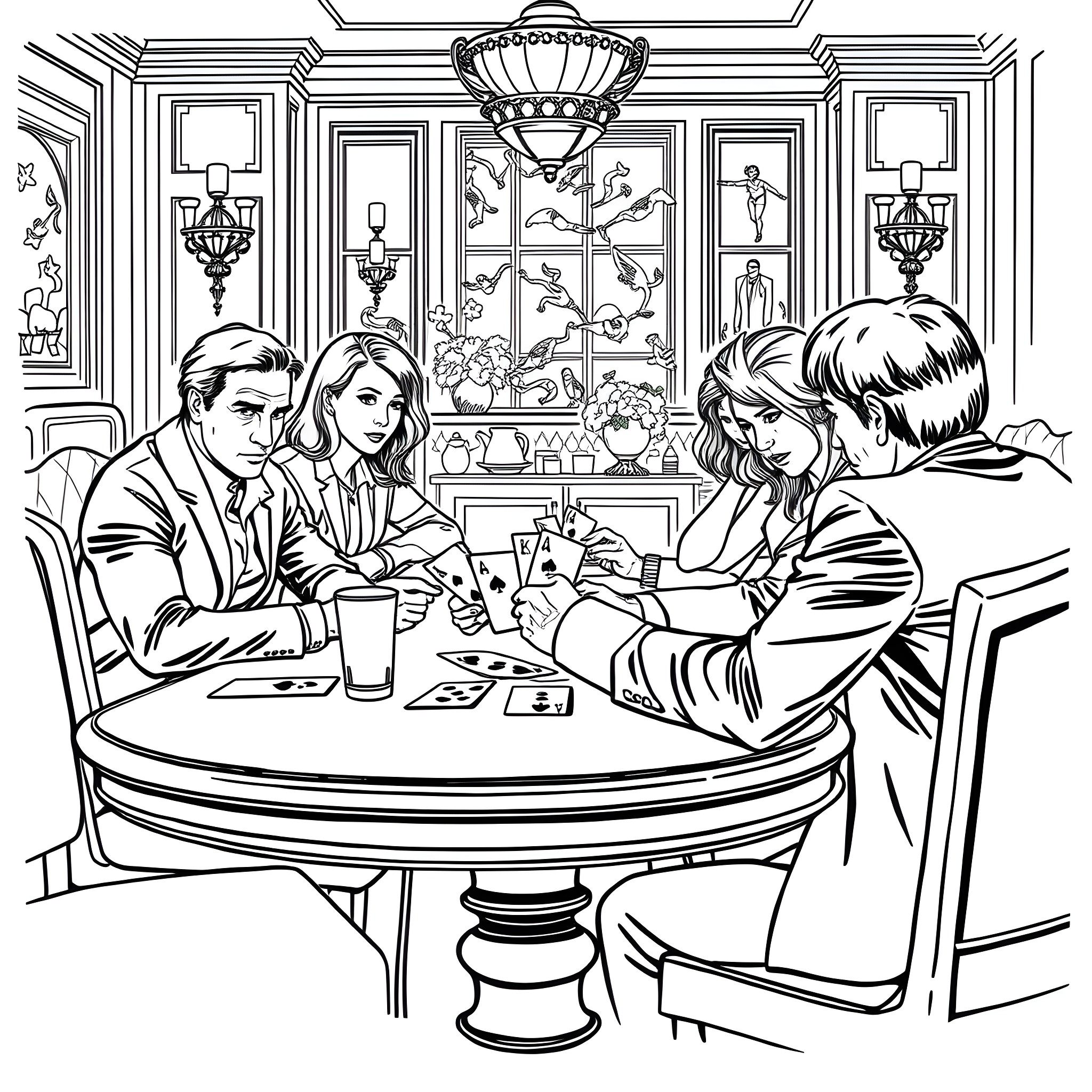 Tom Cruise and friends enjoying a night out at an elegant restaurant Coloring Page (free black-and-white line drawing printable PDF for all, from beginners to advanced learners, including children, teens, adults, and seniors)