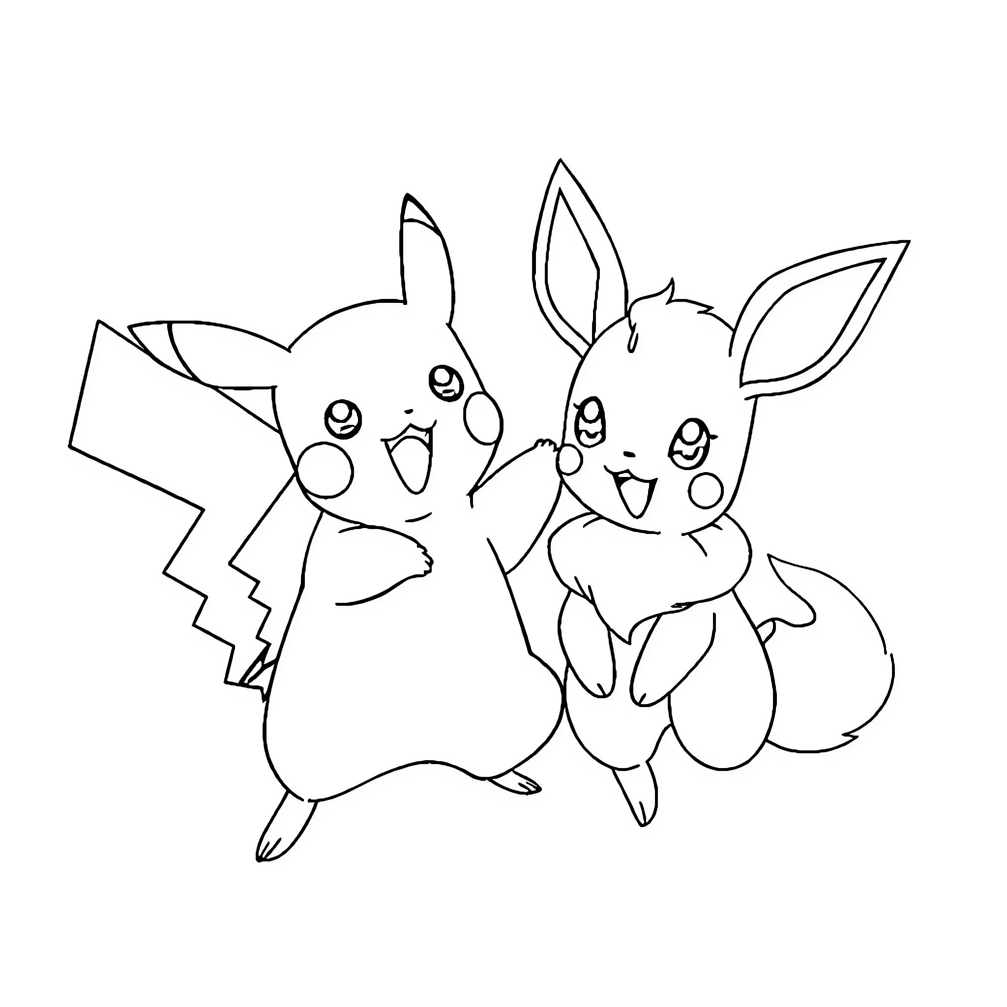 Pikachu and Eevee playing together Coloring Page (free black-and-white line drawing printable PDF for all, from beginners to advanced learners, including children, teens, adults, and seniors)