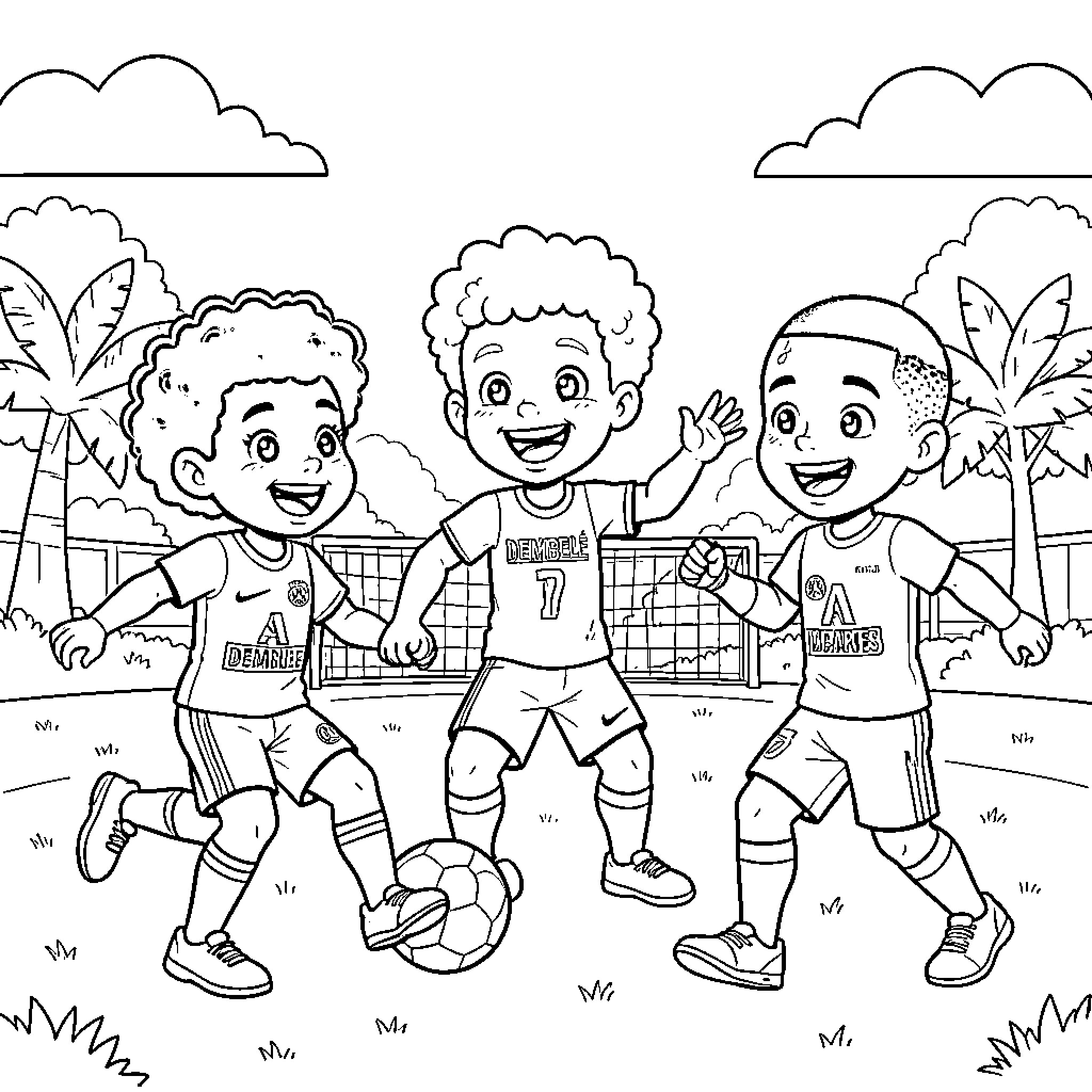 Sangoku children playing soccer together in a park Coloring Page (free black-and-white line drawing printable PDF for all, from beginners to advanced learners, including children, teens, adults, and seniors)