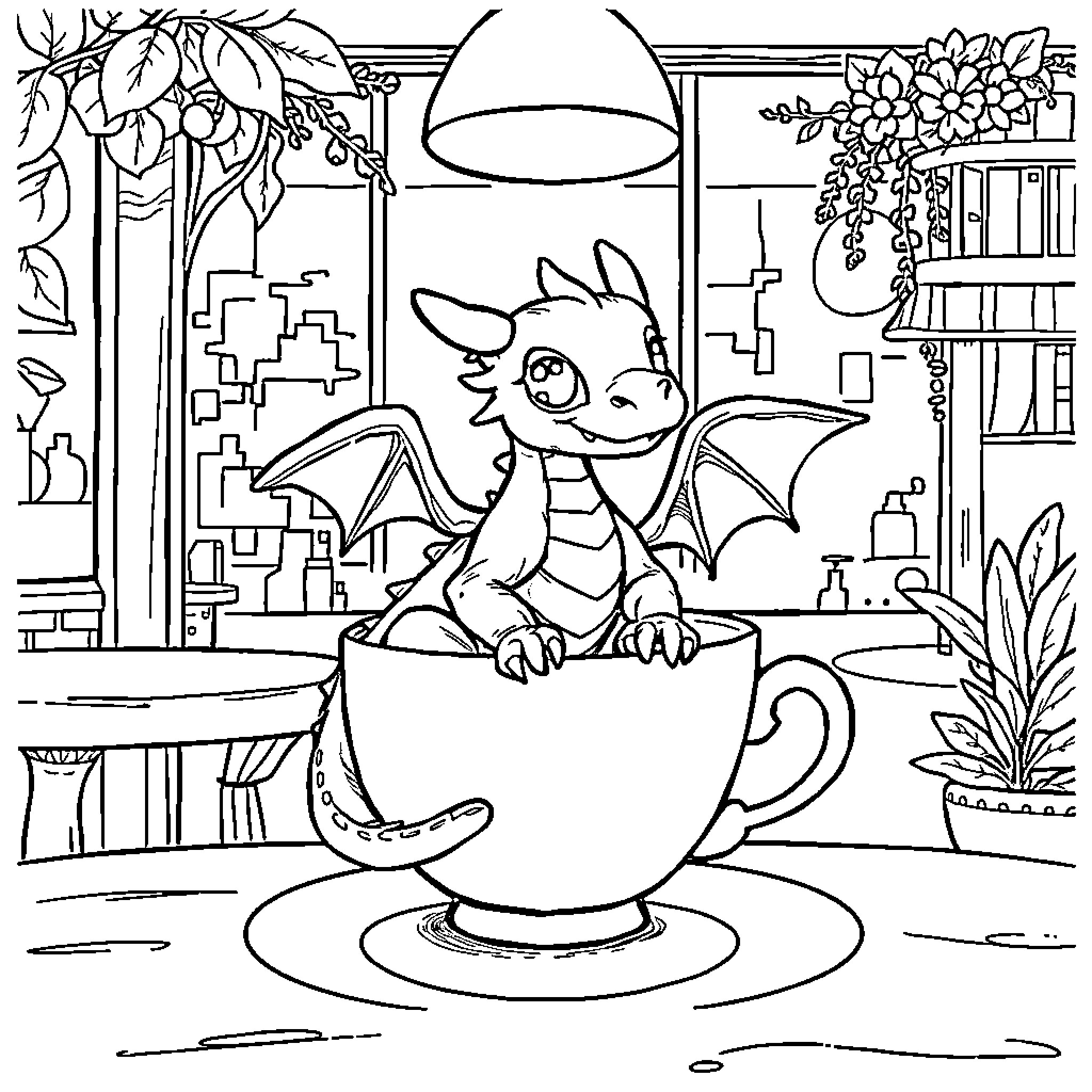 Dragon enjoying a cozy tea break in a whimsical setting Coloring Page (free black-and-white line drawing printable PDF for all, from beginners to advanced learners, including children, teens, adults, and seniors)