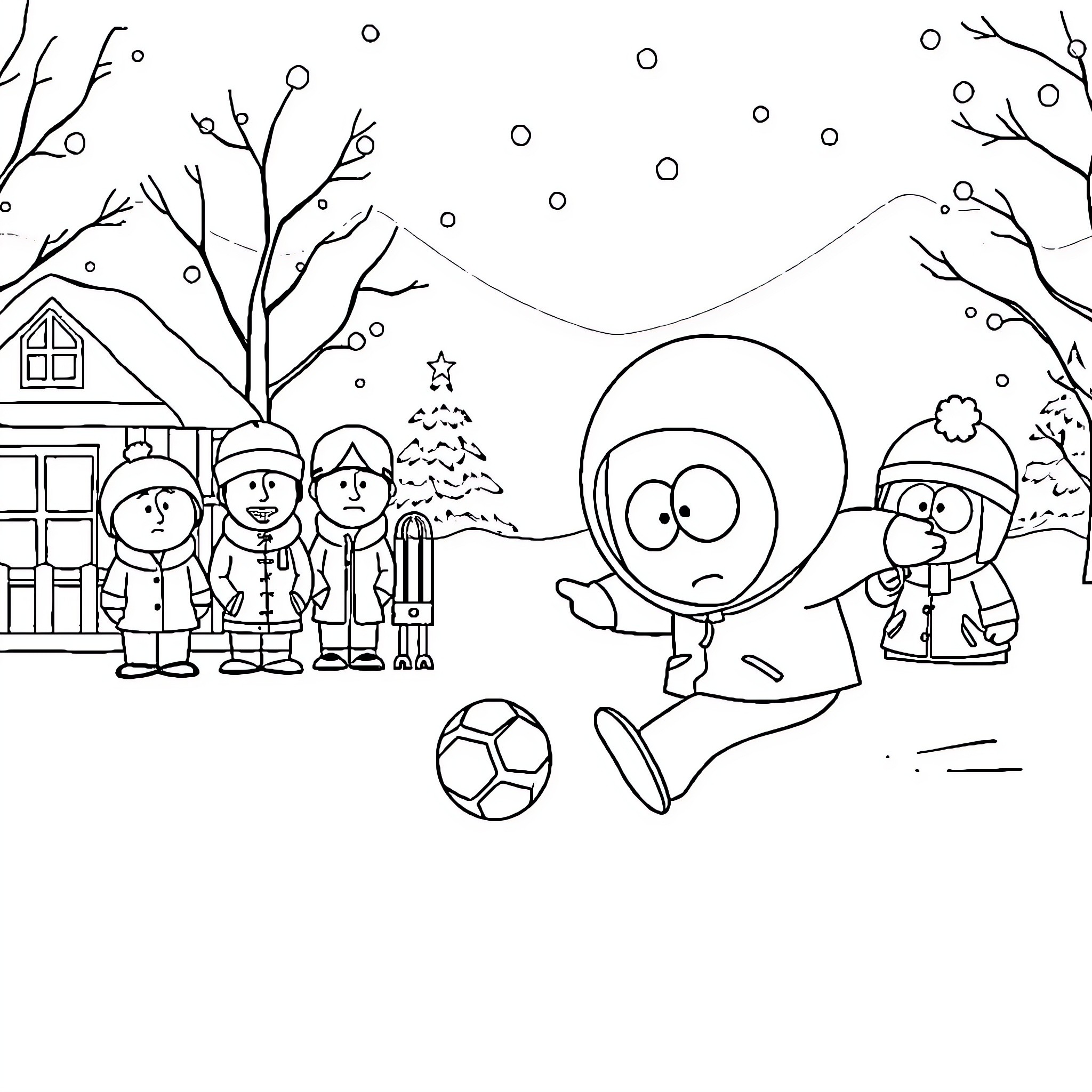 Kenny's Winter Wonderland Adventure Coloring Page (free black-and-white line drawing printable PDF for all, from beginners to advanced learners, including children, teens, adults, and seniors)