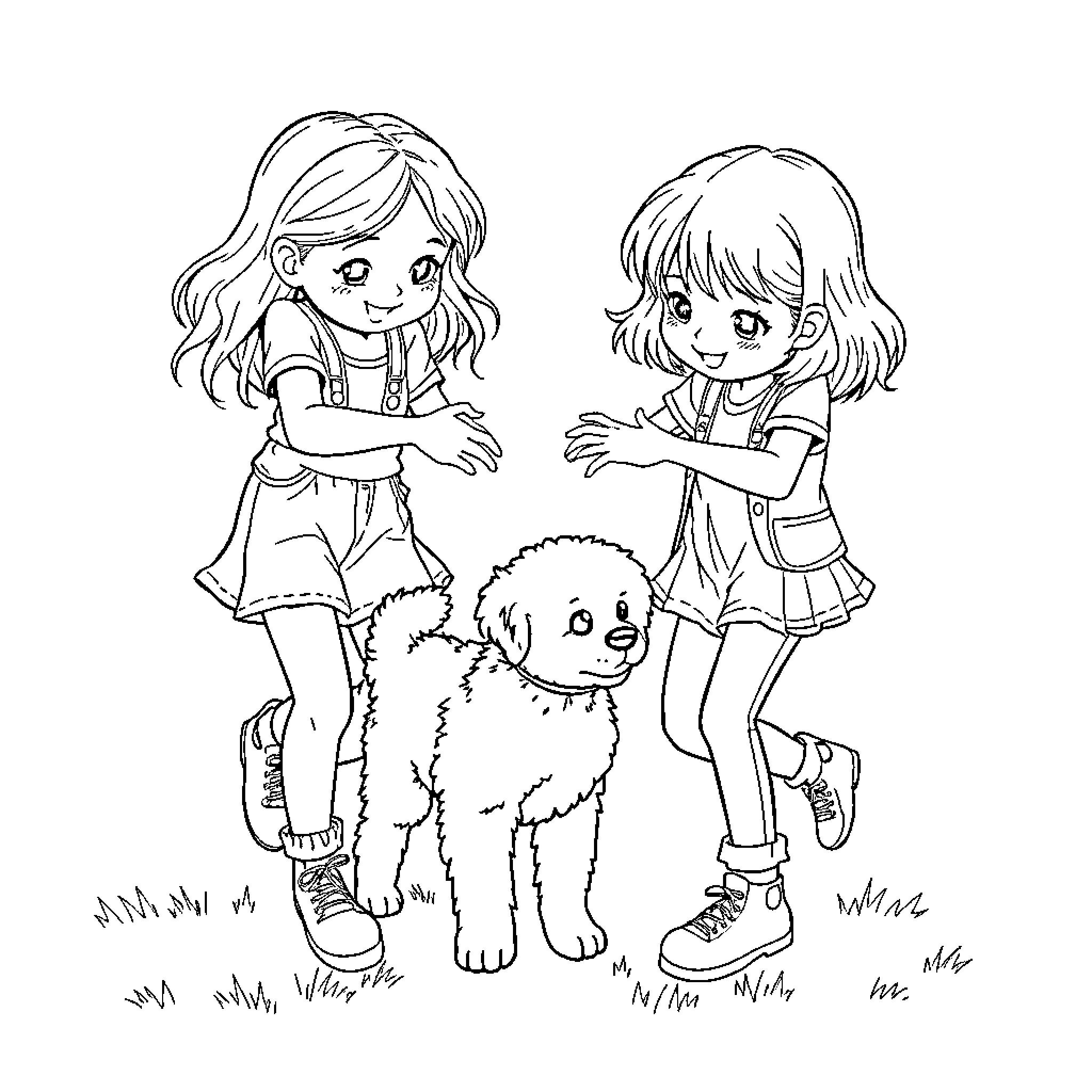 Girls playing happily with pet dog in the park Coloring Page (free black-and-white line drawing printable PDF for all, from beginners to advanced learners, including children, teens, adults, and seniors)