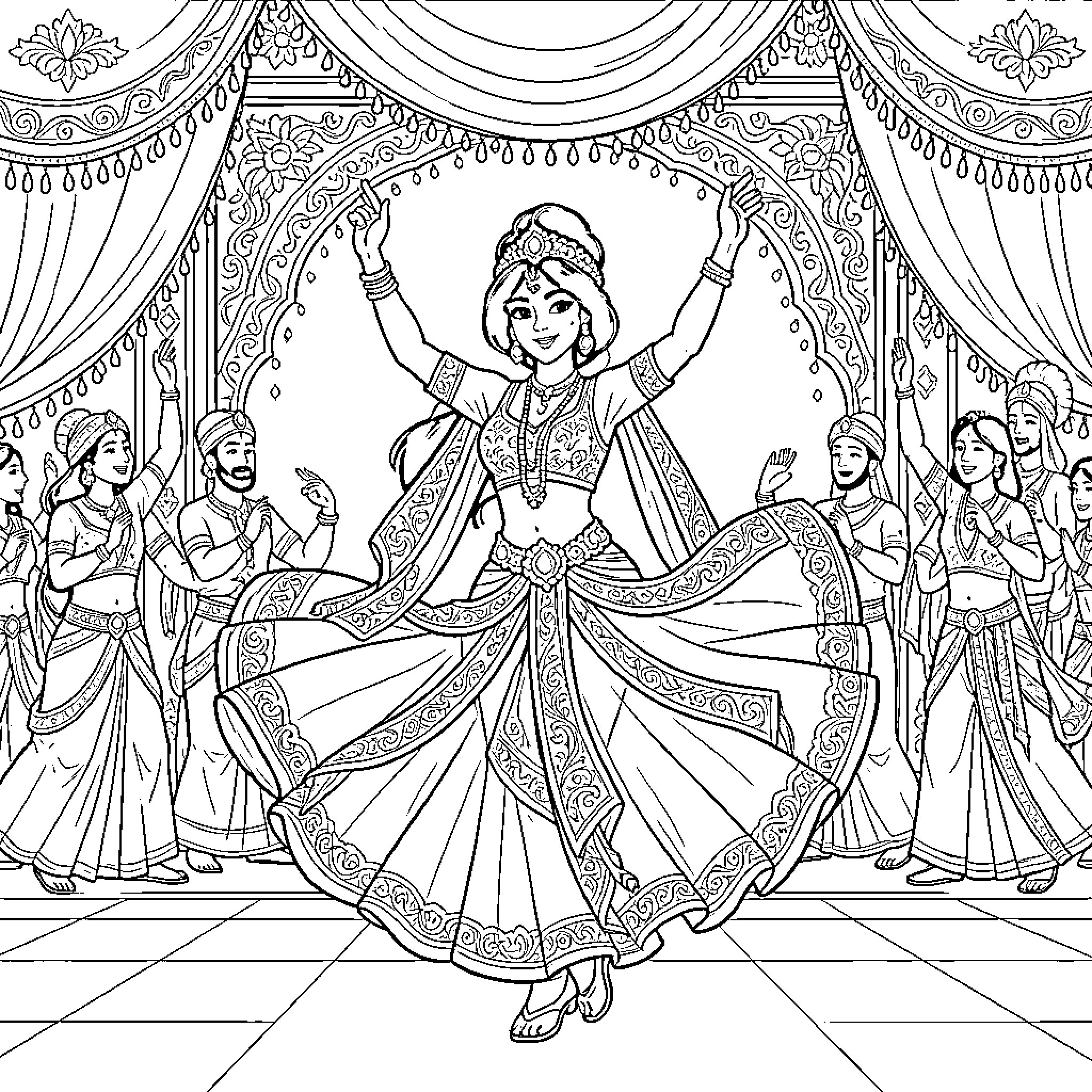 Princess Jasmine dancing joyfully in a palace ballroom Coloring Page (free black-and-white line drawing printable PDF for all, from beginners to advanced learners, including children, teens, adults, and seniors)