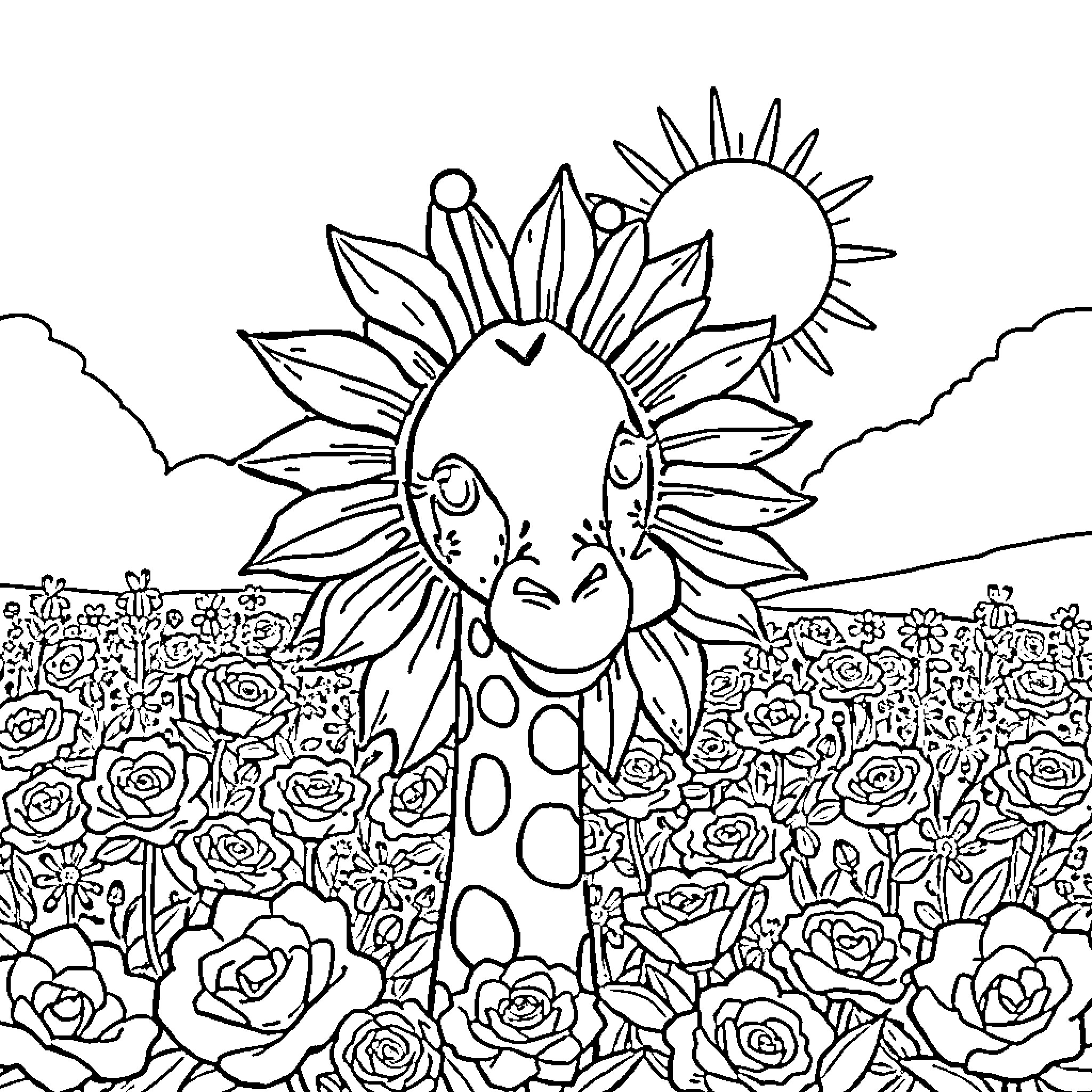 Girasol dancing joyfully in a garden of flowers Coloring Page (free black-and-white line drawing printable PDF for all, from beginners to advanced learners, including children, teens, adults, and seniors)