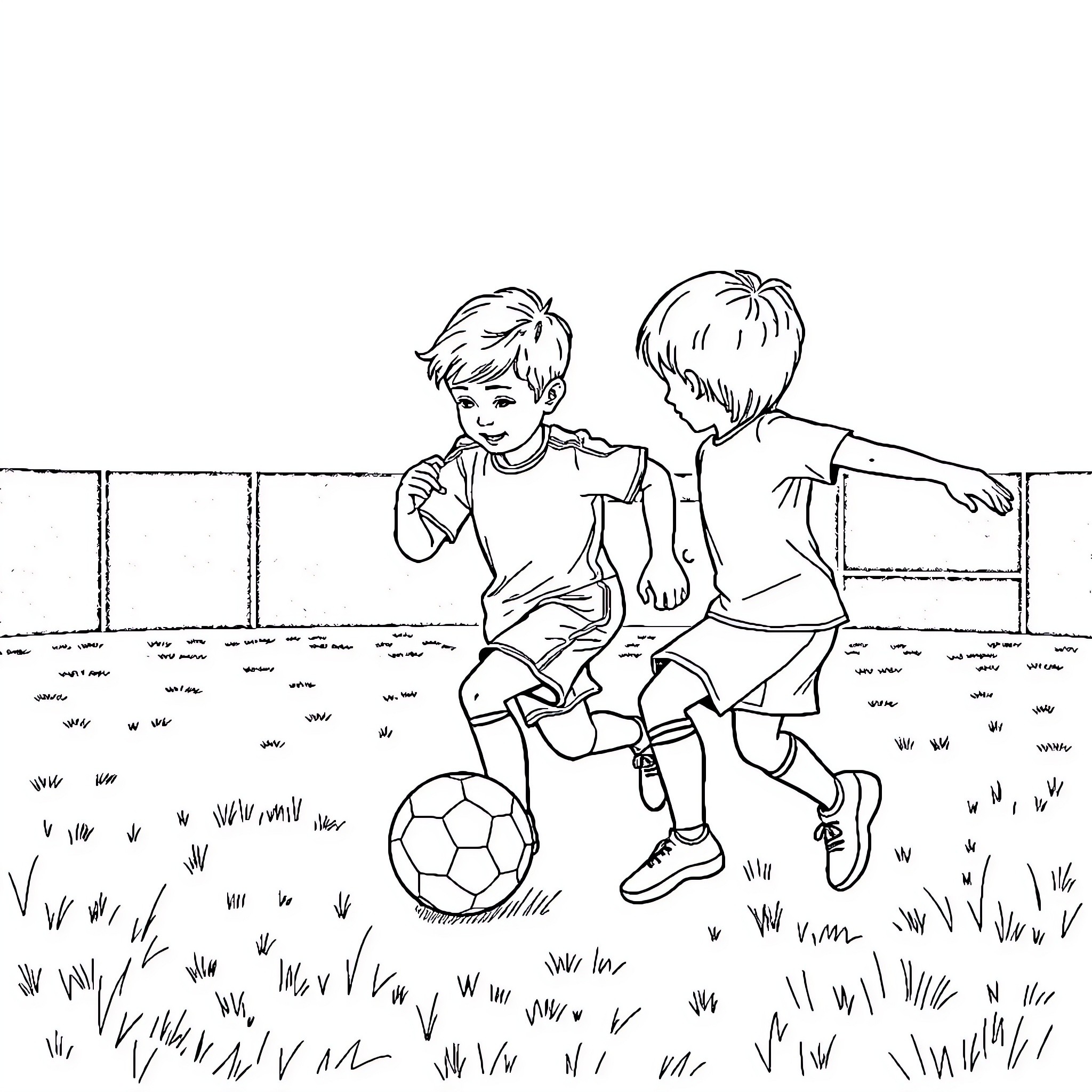 Football Players Kicking Ball on Grassy Field Coloring Page (free black-and-white line drawing printable PDF for all, from beginners to advanced learners, including children, teens, adults, and seniors)