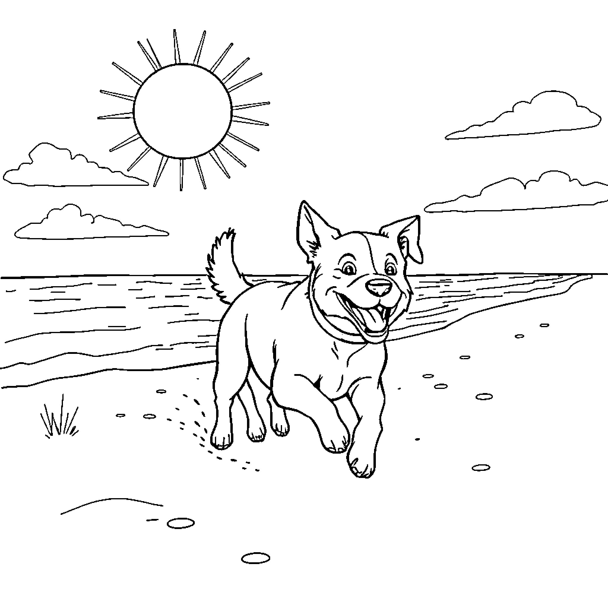 Dog playing happily on the beach Coloring Page (free black-and-white line drawing printable PDF for all, from beginners to advanced learners, including children, teens, adults, and seniors)