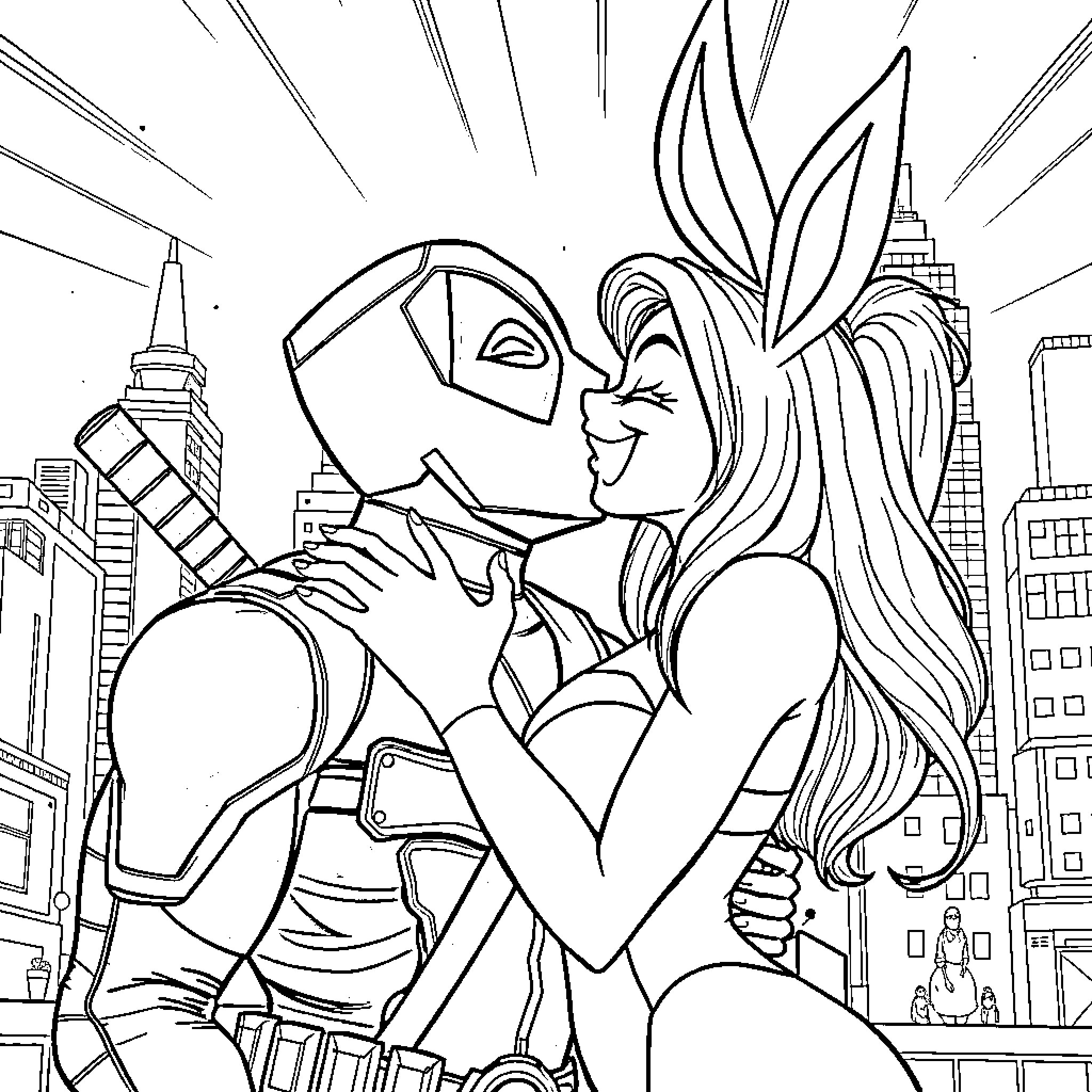 Deadpool and the Heroine in the Heroic City Coloring Page (free black-and-white line drawing printable PDF for all, from beginners to advanced learners, including children, teens, adults, and seniors)