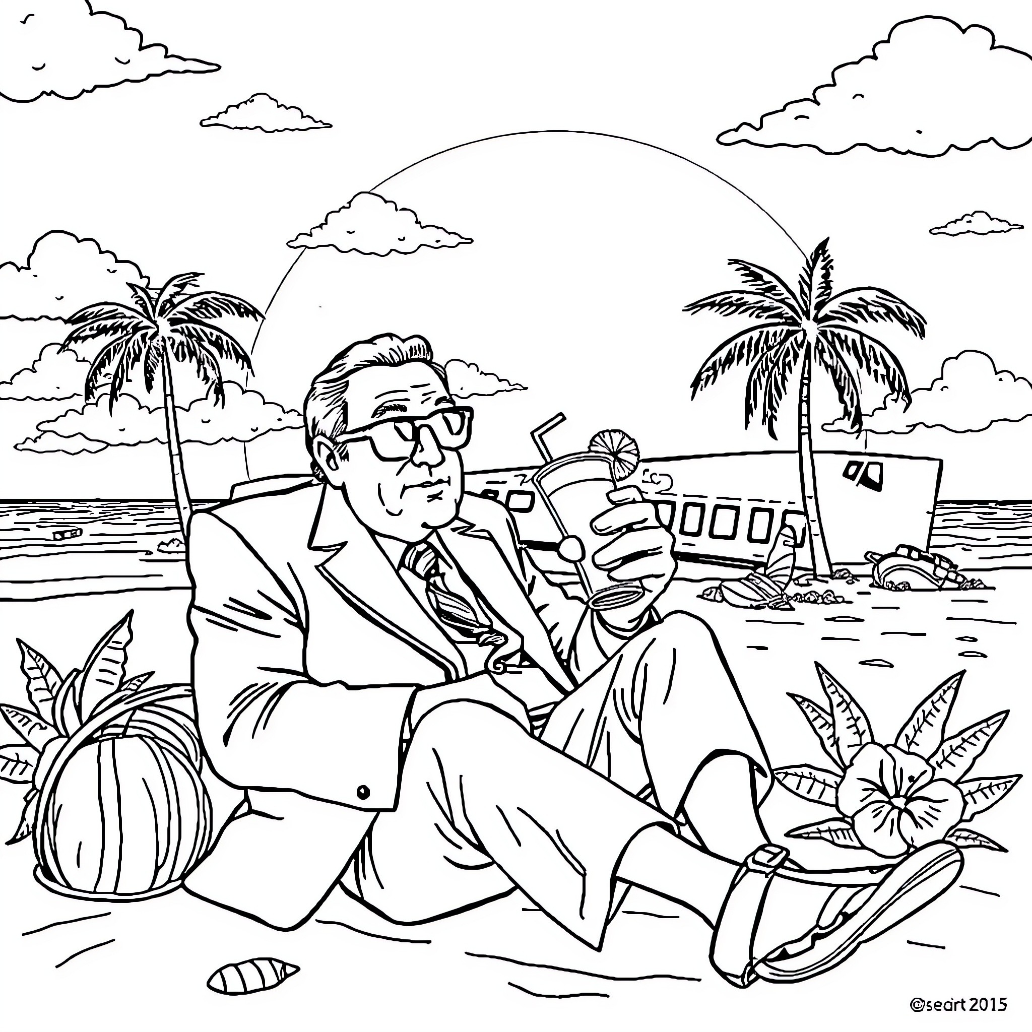 Howard Hughes relaxing on a tropical beach Coloring Page (free black-and-white line drawing printable PDF for all, from beginners to advanced learners, including children, teens, adults, and seniors)