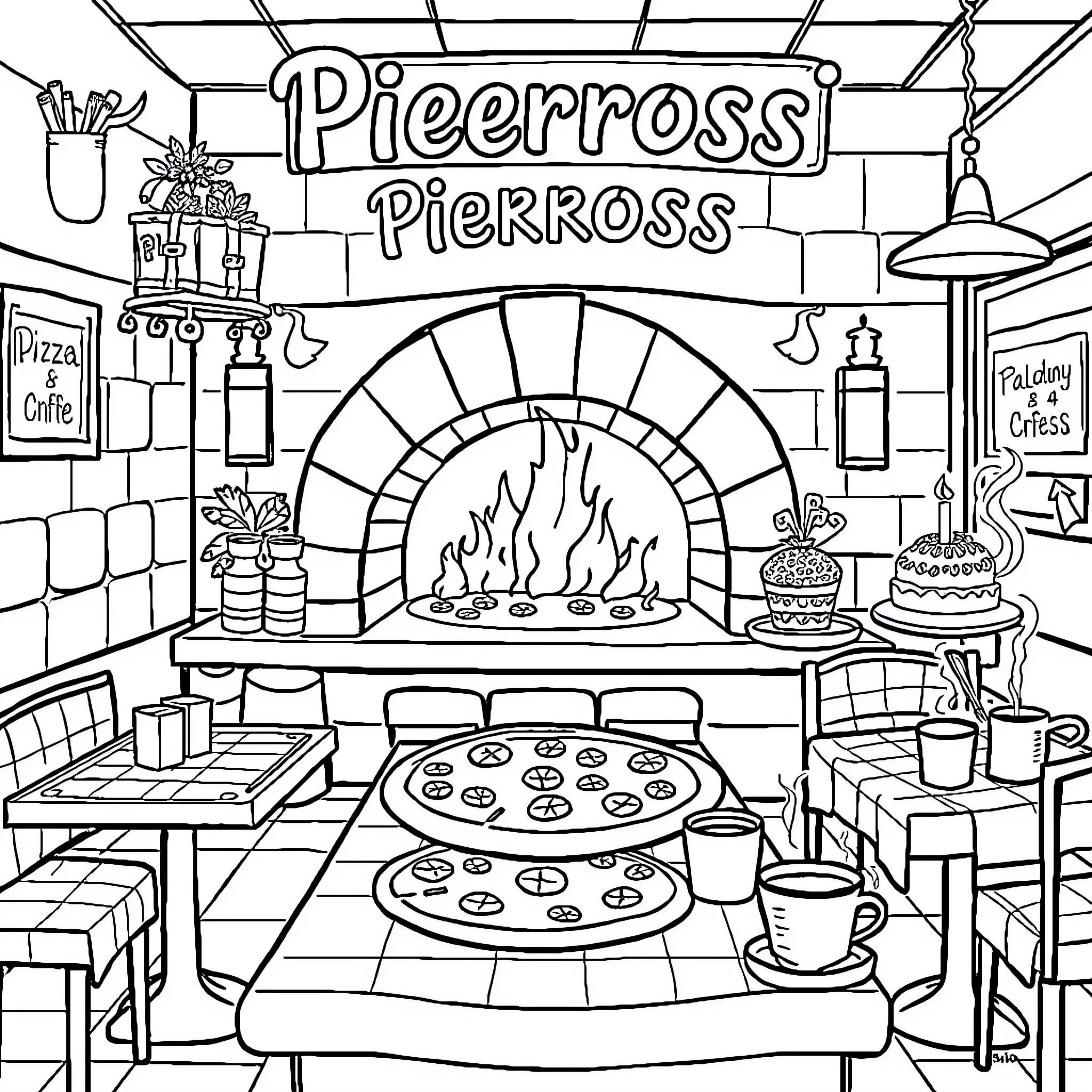 Pizzeria with bustling kitchen and wood-fired oven Coloring Page (free black-and-white line drawing printable PDF for all, from beginners to advanced learners, including children, teens, adults, and seniors)