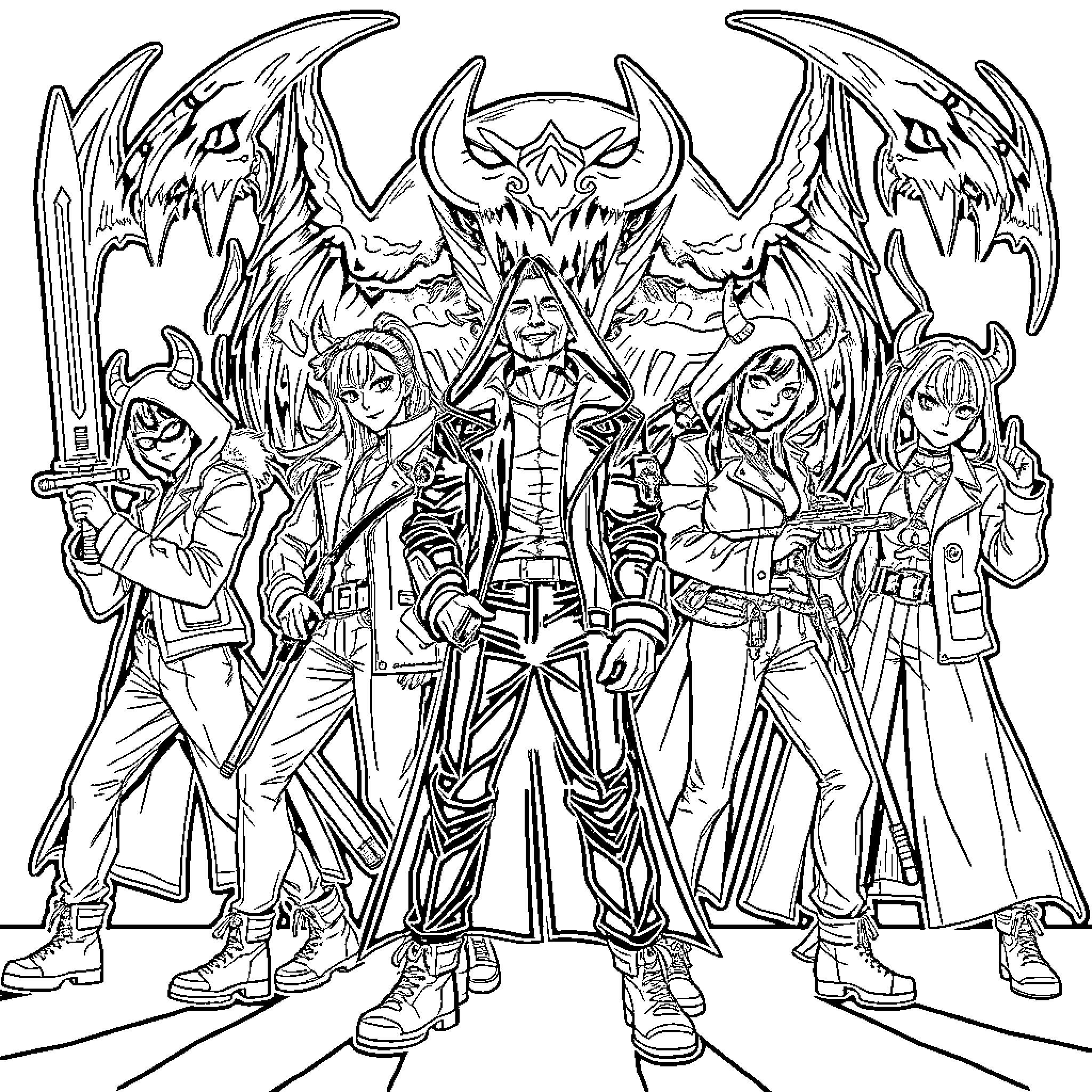 Demon Hunter Leads Fierce Squad of Armored Warriors Coloring Page (free black-and-white line drawing printable PDF for all, from beginners to advanced learners, including children, teens, adults, and seniors)