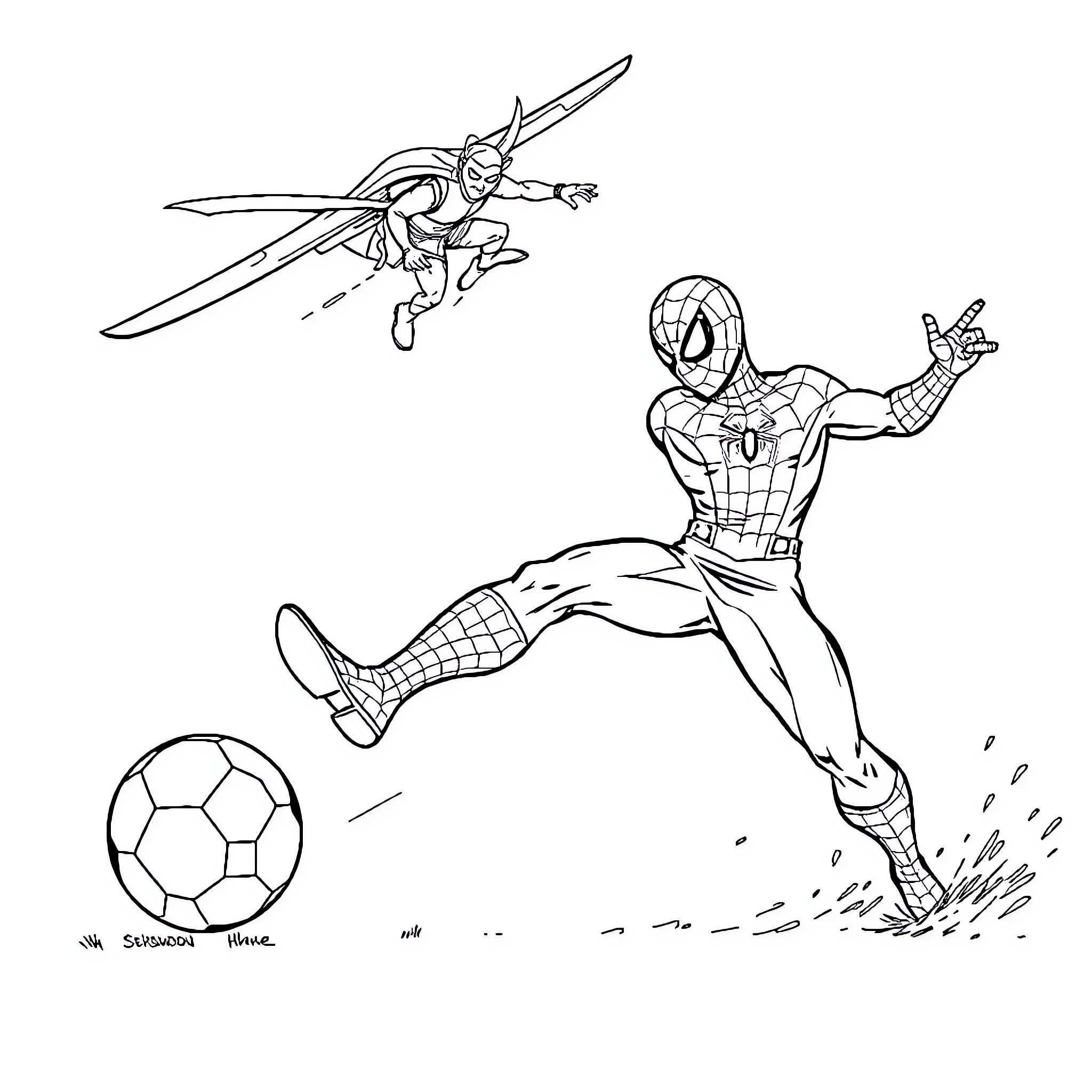 Spiderman and Superhero Taking Action in the Scene Coloring Page (free black-and-white line drawing printable PDF for all, from beginners to advanced learners, including children, teens, adults, and seniors)