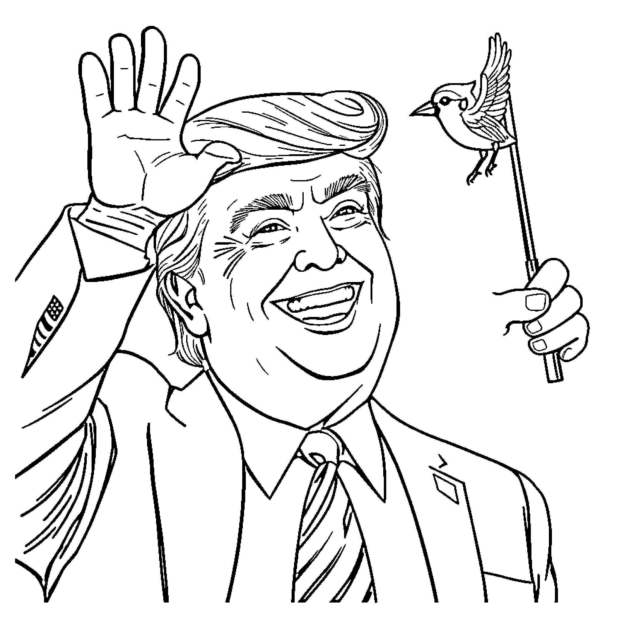 Donald Trump in a Lighthearted Moment Coloring Page (free black-and-white line drawing printable PDF for all, from beginners to advanced learners, including children, teens, adults, and seniors)