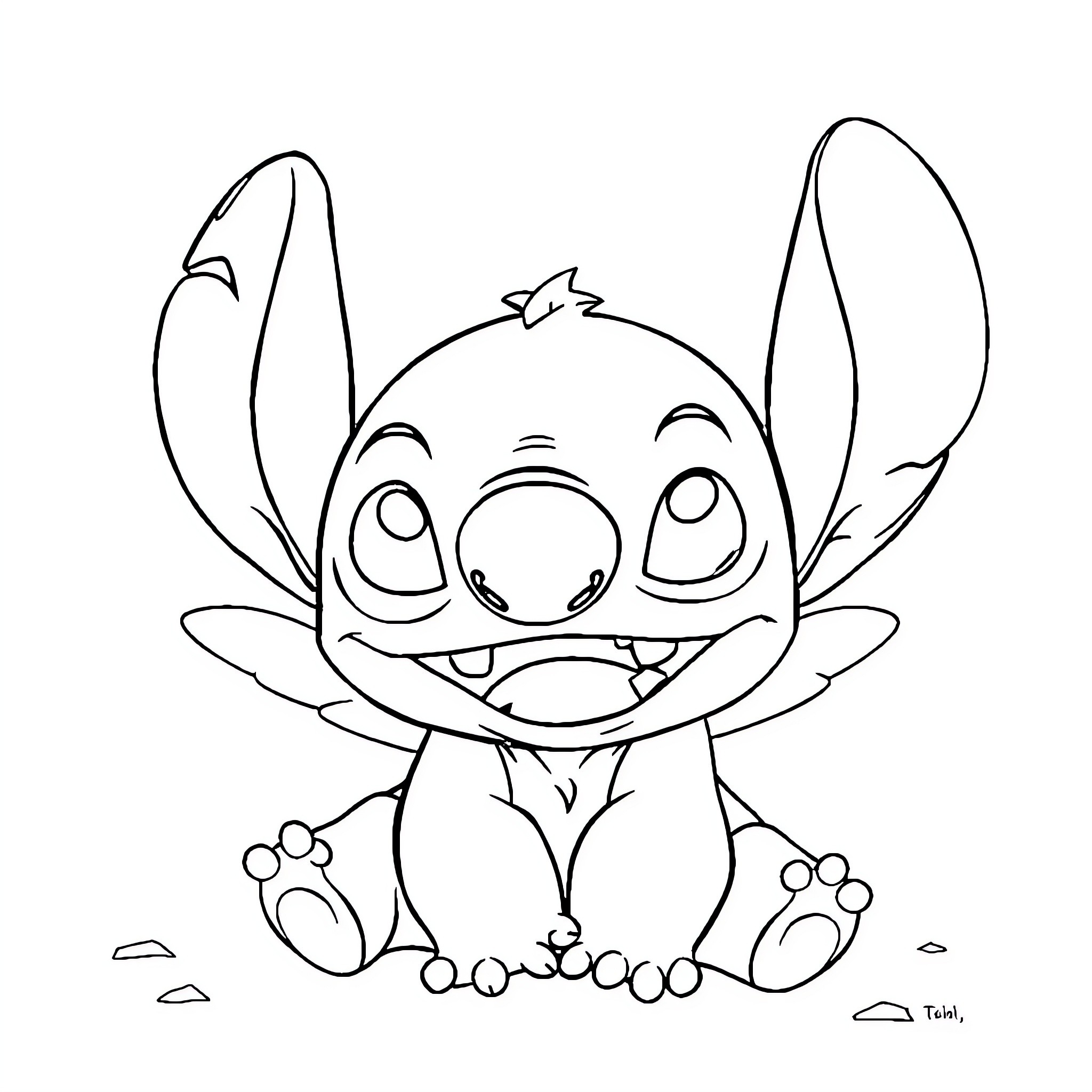 Stitch sitting happily on the ground Coloring Page (free black-and-white line drawing printable PDF for all, from beginners to advanced learners, including children, teens, adults, and seniors)
