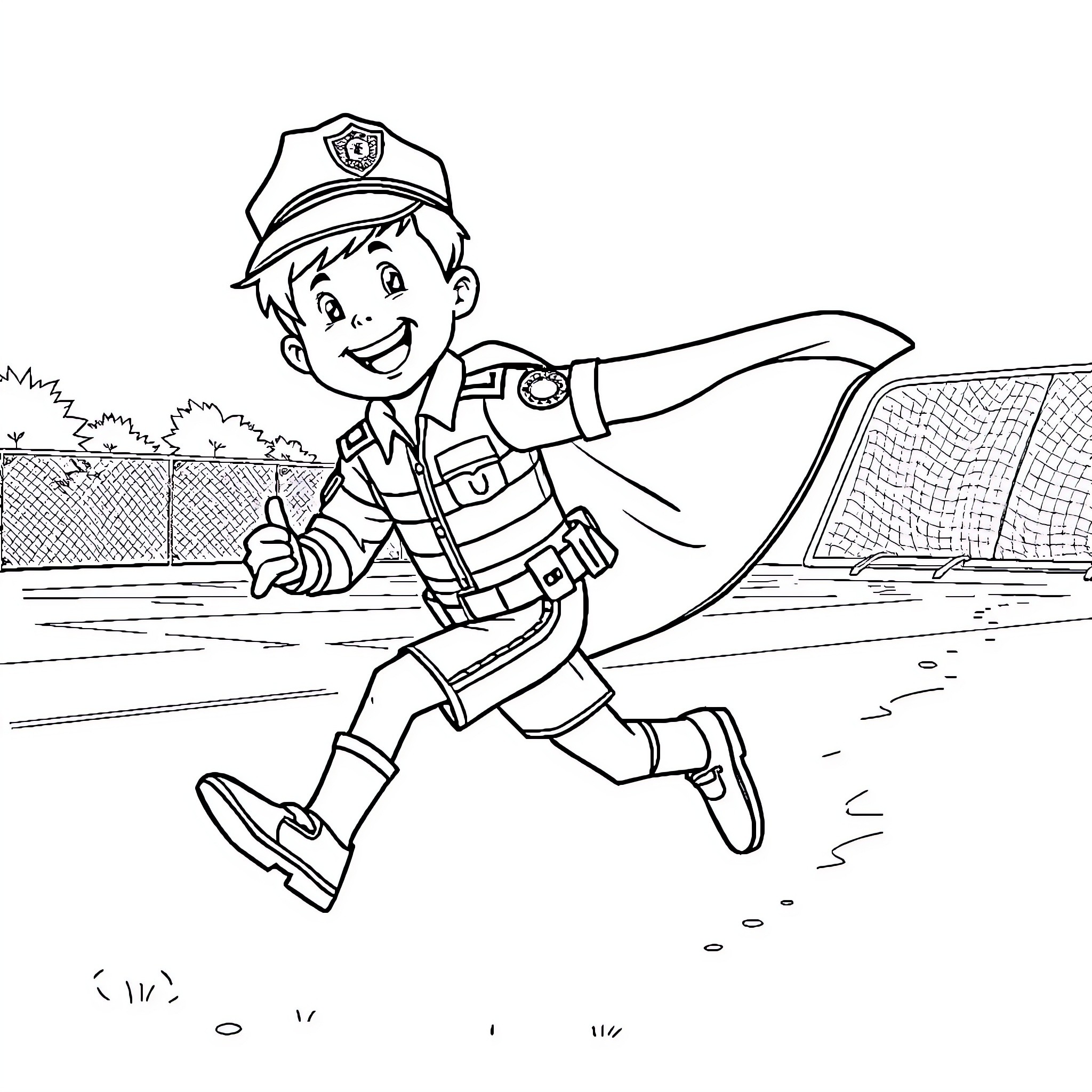 Kid Police Officer Running on Duty Coloring Page (free black-and-white line drawing printable PDF for all, from beginners to advanced learners, including children, teens, adults, and seniors)